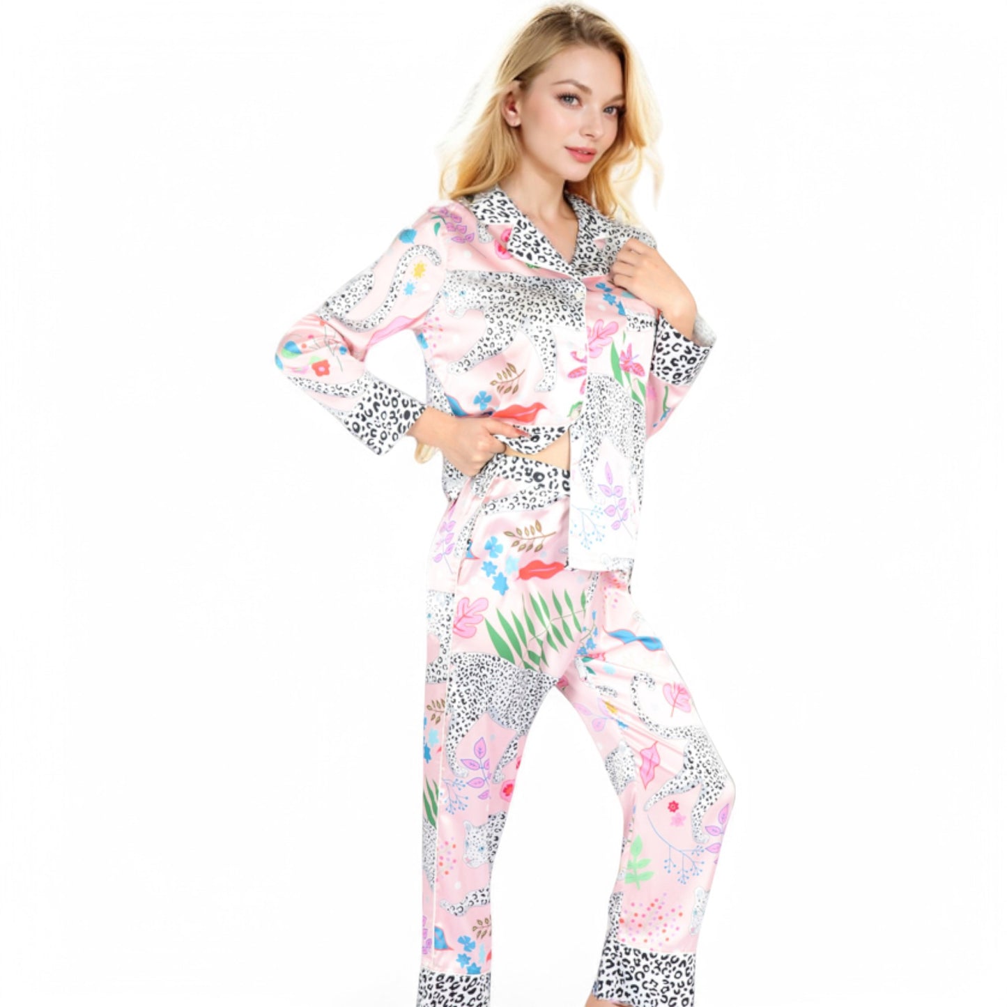 Anna-Kaci Women's Satin Pink Leopard Print Pajama Set with Button-Up Long Sleeve Top and Relaxed Fit Pants