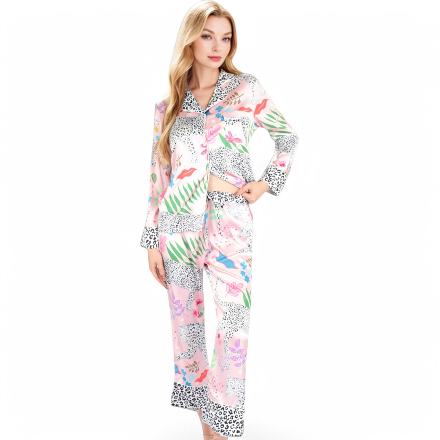 Anna-Kaci Women's Satin Pink Leopard Print Pajama Set with Button-Up Long Sleeve Top and Relaxed Fit Pants