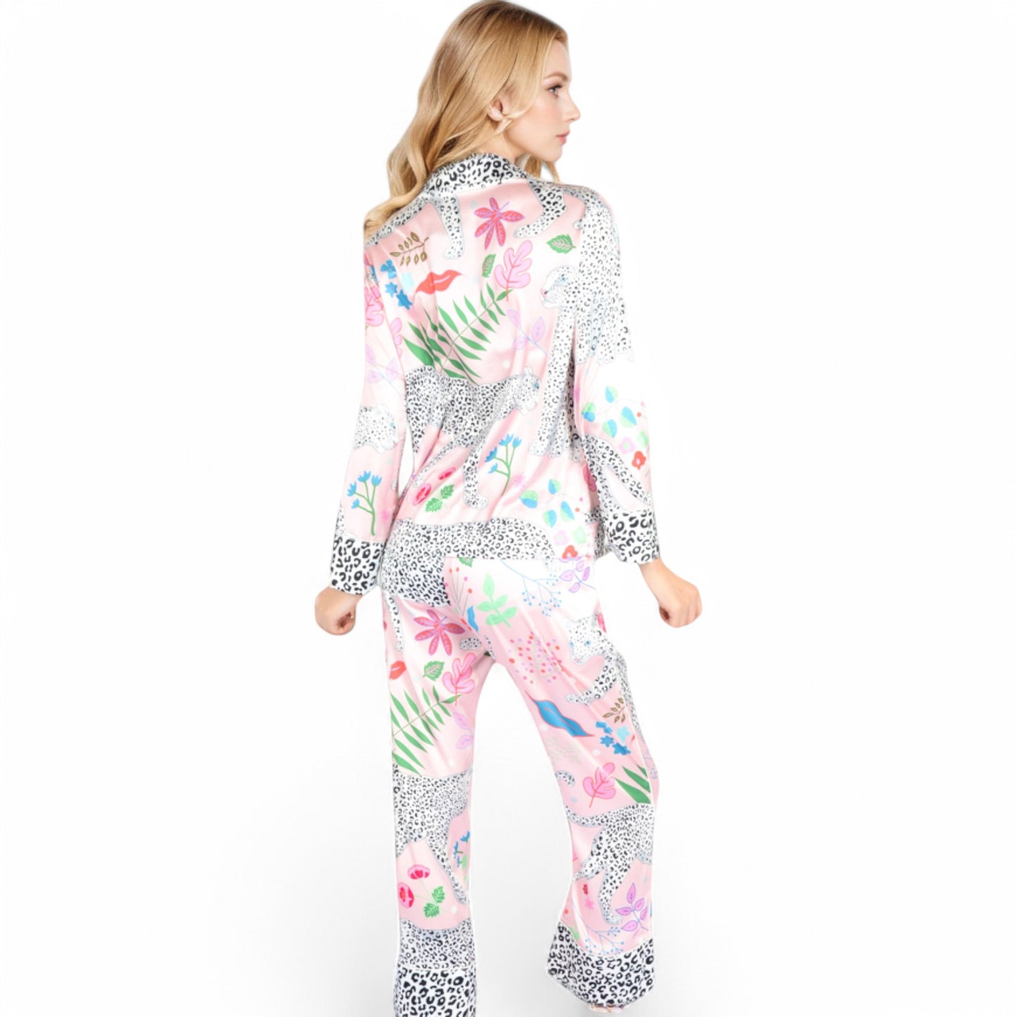 Anna-Kaci Women's Satin Pink Leopard Print Pajama Set with Button-Up Long Sleeve Top and Relaxed Fit Pants