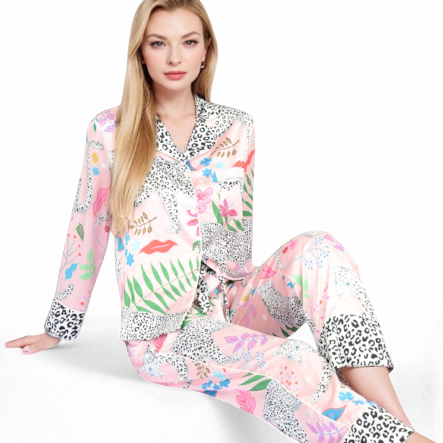 Anna-Kaci Women's Satin Pink Leopard Print Pajama Set with Button-Up Long Sleeve Top and Relaxed Fit Pants