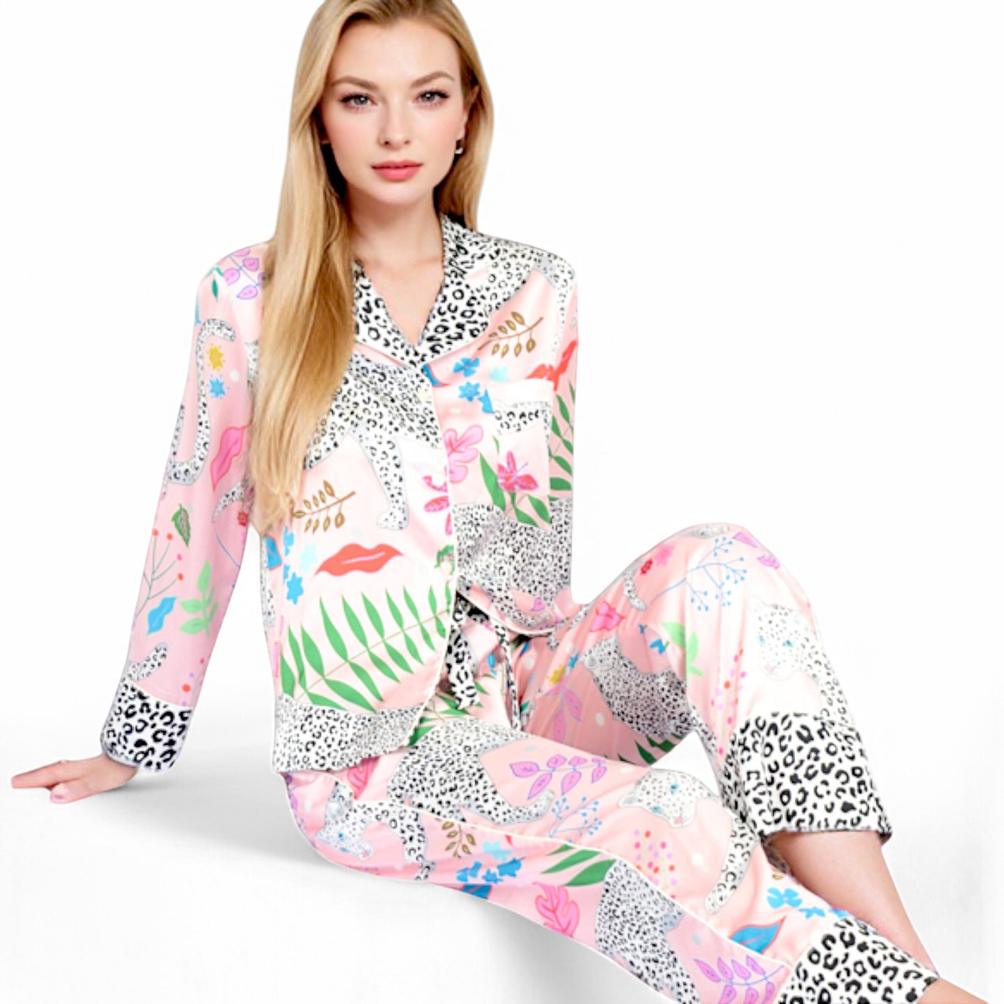 Anna-Kaci Women's Satin Pink Leopard Print Pajama Set with Button-Up Long Sleeve Top and Relaxed Fit Pants