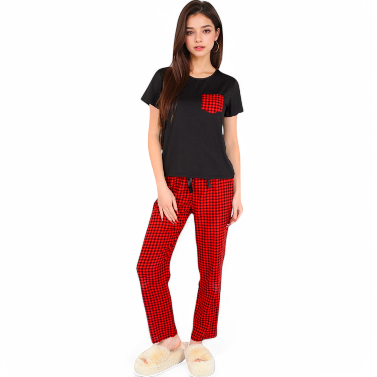 Anna-Kaci Women's Holiday Plaid Pajama Set with Short Sleeve Tie-Front Top and Elastic Waist Pants- Red,Small