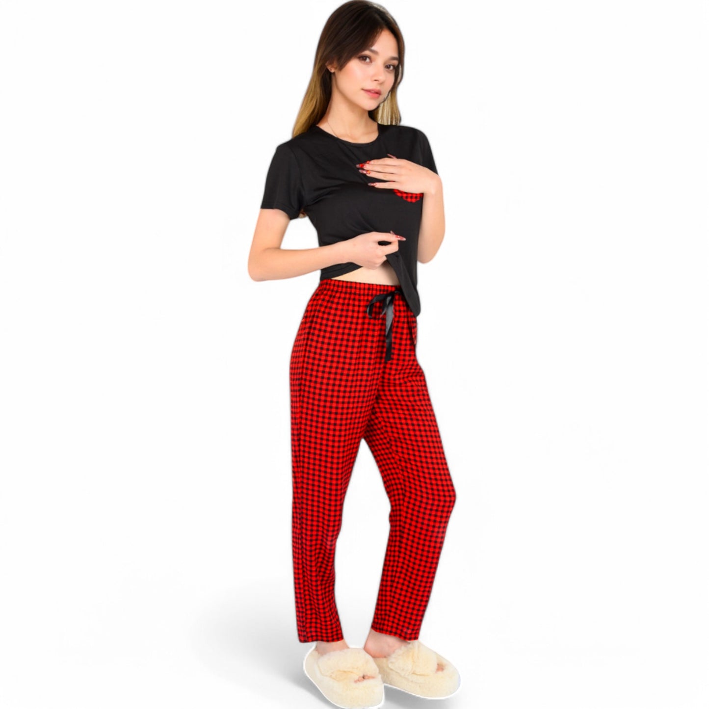 Anna-Kaci Women's Holiday Plaid Pajama Set with Short Sleeve Tie-Front Top and Elastic Waist Pants- Red,Small