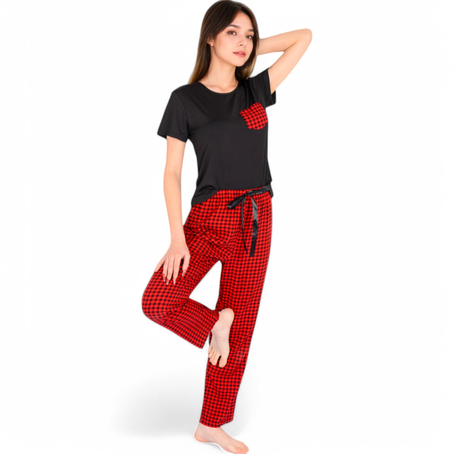 Anna-Kaci Women's Holiday Plaid Pajama Set with Short Sleeve Tie-Front Top and Elastic Waist Pants- Red,Small