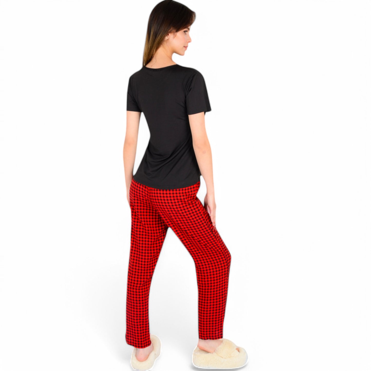 Anna-Kaci Women's Holiday Plaid Pajama Set with Short Sleeve Tie-Front Top and Elastic Waist Pants- Red,Small