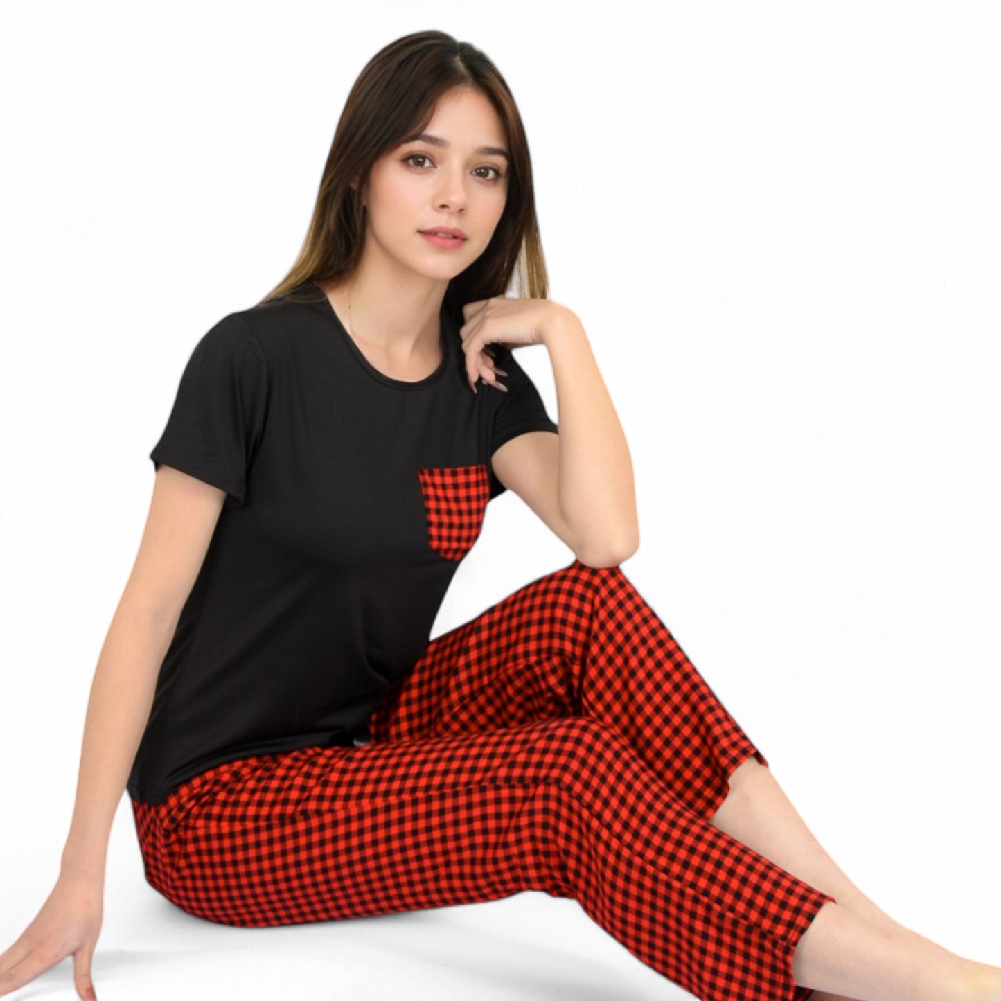Anna-Kaci Women's Holiday Plaid Pajama Set with Short Sleeve Tie-Front Top and Elastic Waist Pants- Red,Small