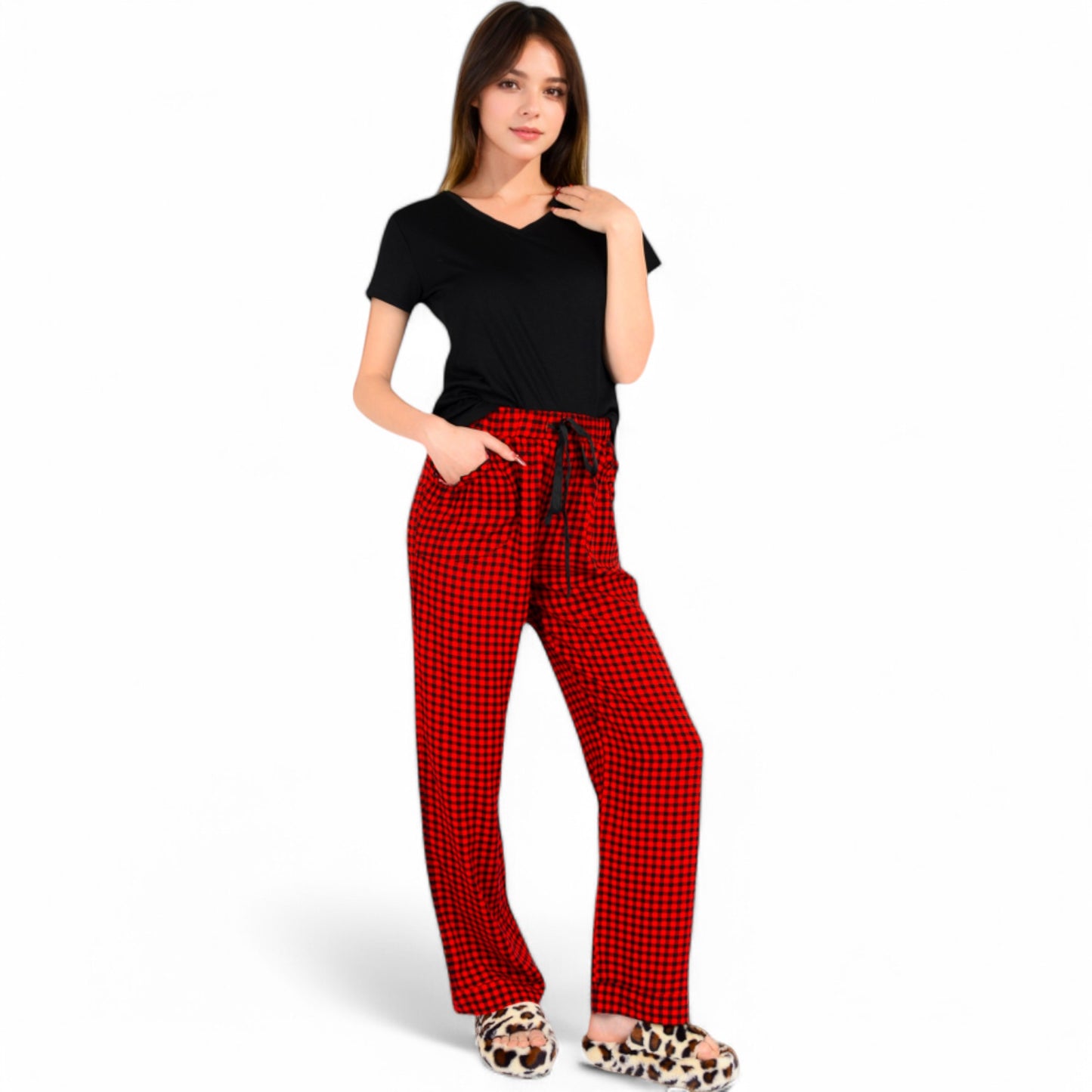 Anna-Kaci Women's Classic Plaid Pajama Set with Soft Short Sleeve Top and Relaxed Fit Elastic Waist Pants