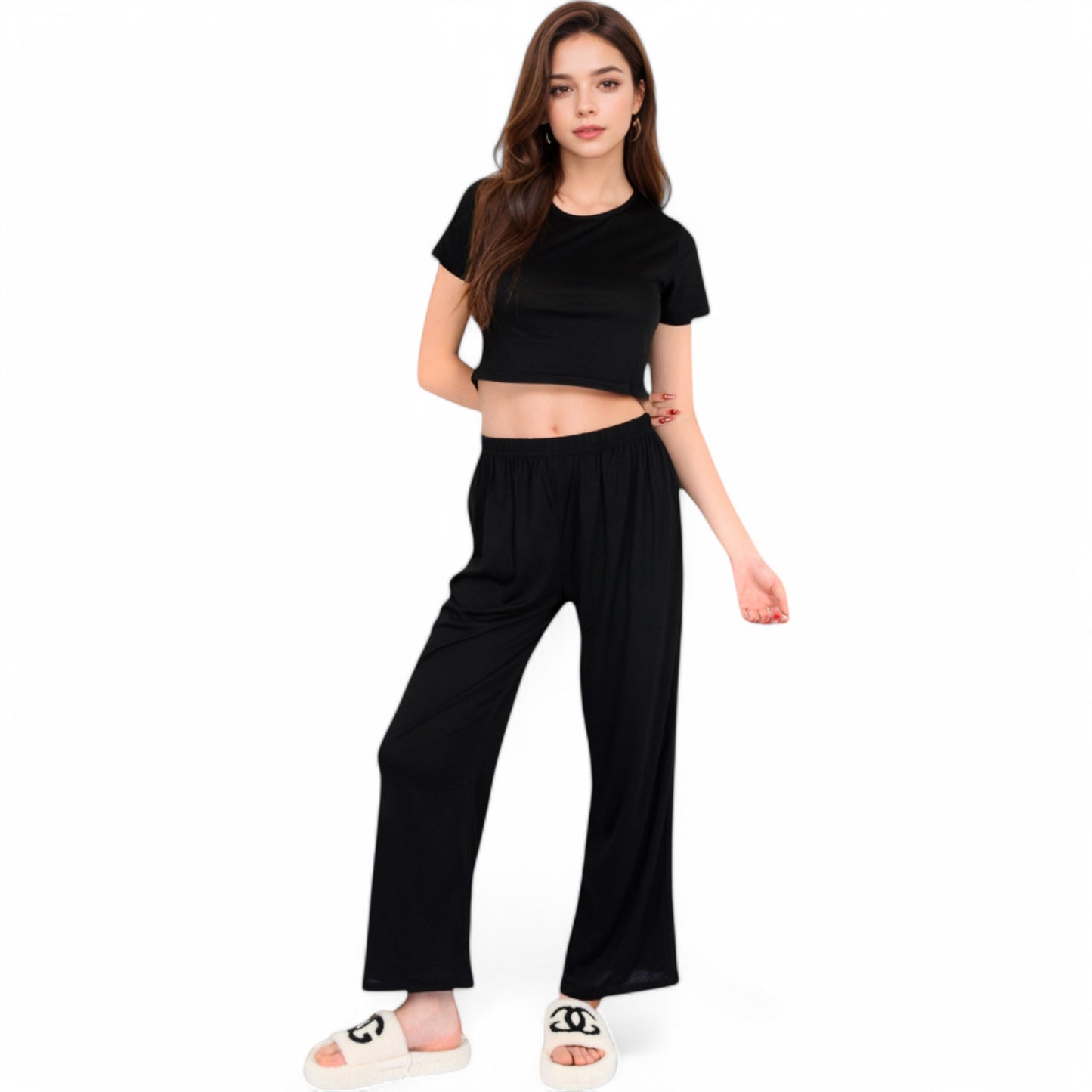 Anna-Kaci Women's Minimalist Black Pajama Set with Soft Short Sleeve Crop Top and High Waist Wide-Leg Pants