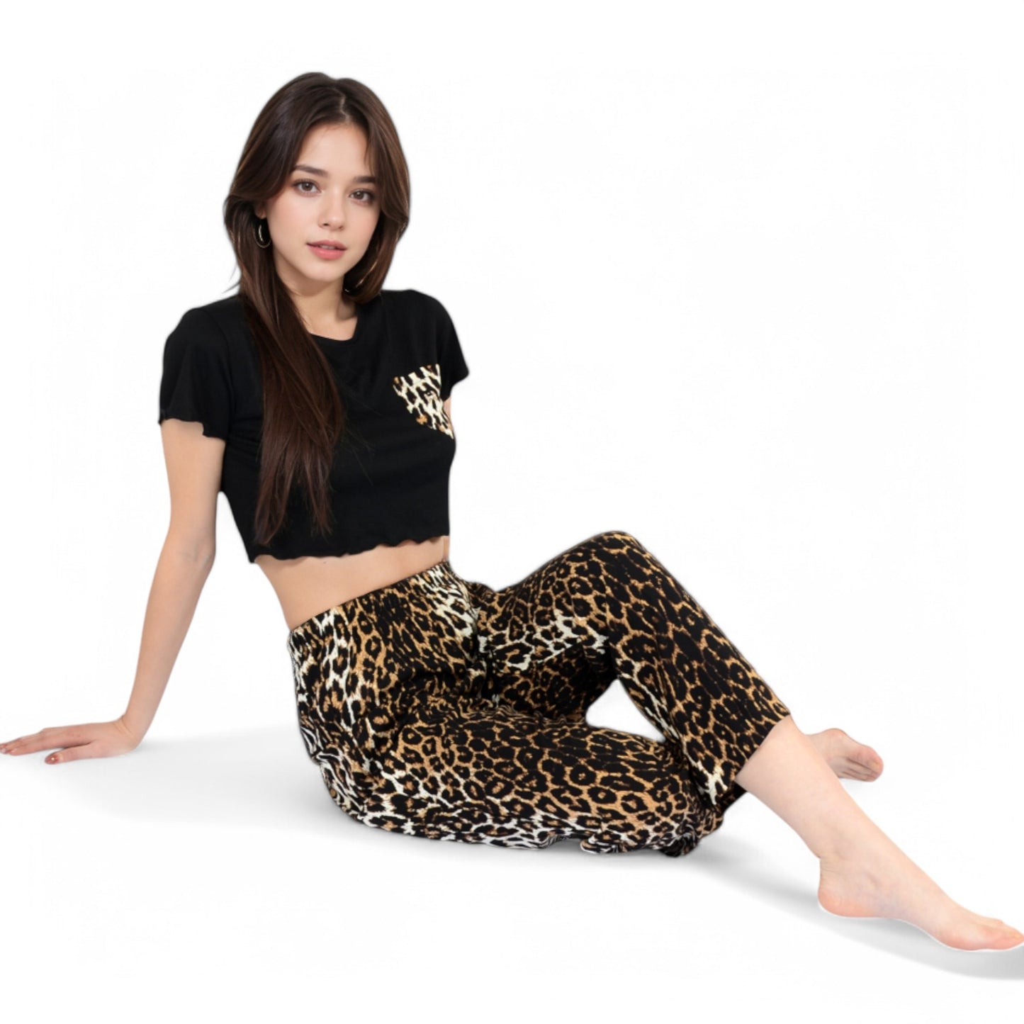 Anna-Kaci Women's Leopard Print Pajama Set with Ruffled Crop Top and High Waist Wide-Leg Pants