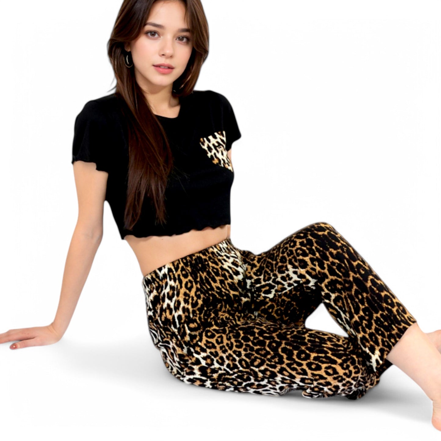 Anna-Kaci Women's Leopard Print Pajama Set with Ruffled Crop Top and High Waist Wide-Leg Pants