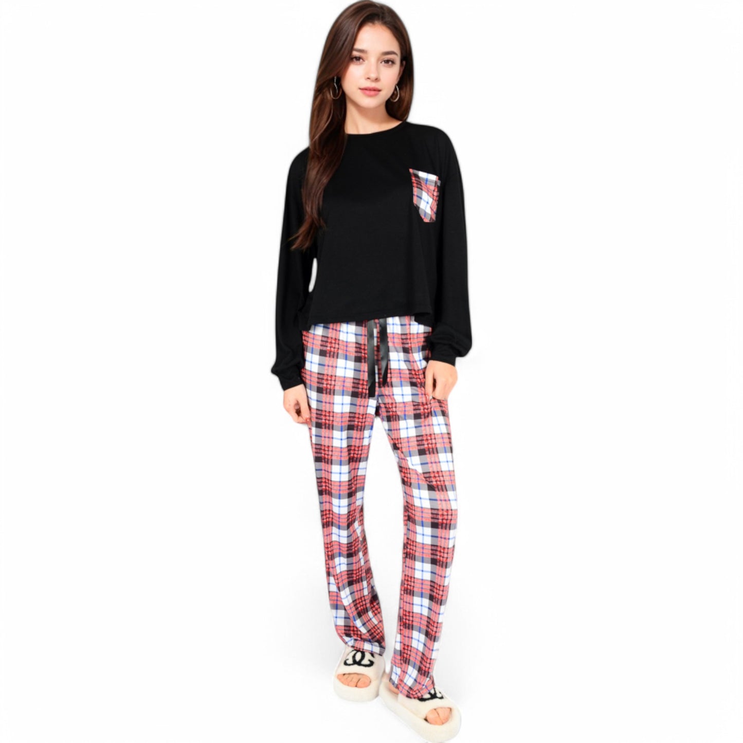 Anna-Kaci Women's Plaid Pajama Set with Long Sleeve Pocket Top and Relaxed Fit Elastic Waist Pants- Black,Small