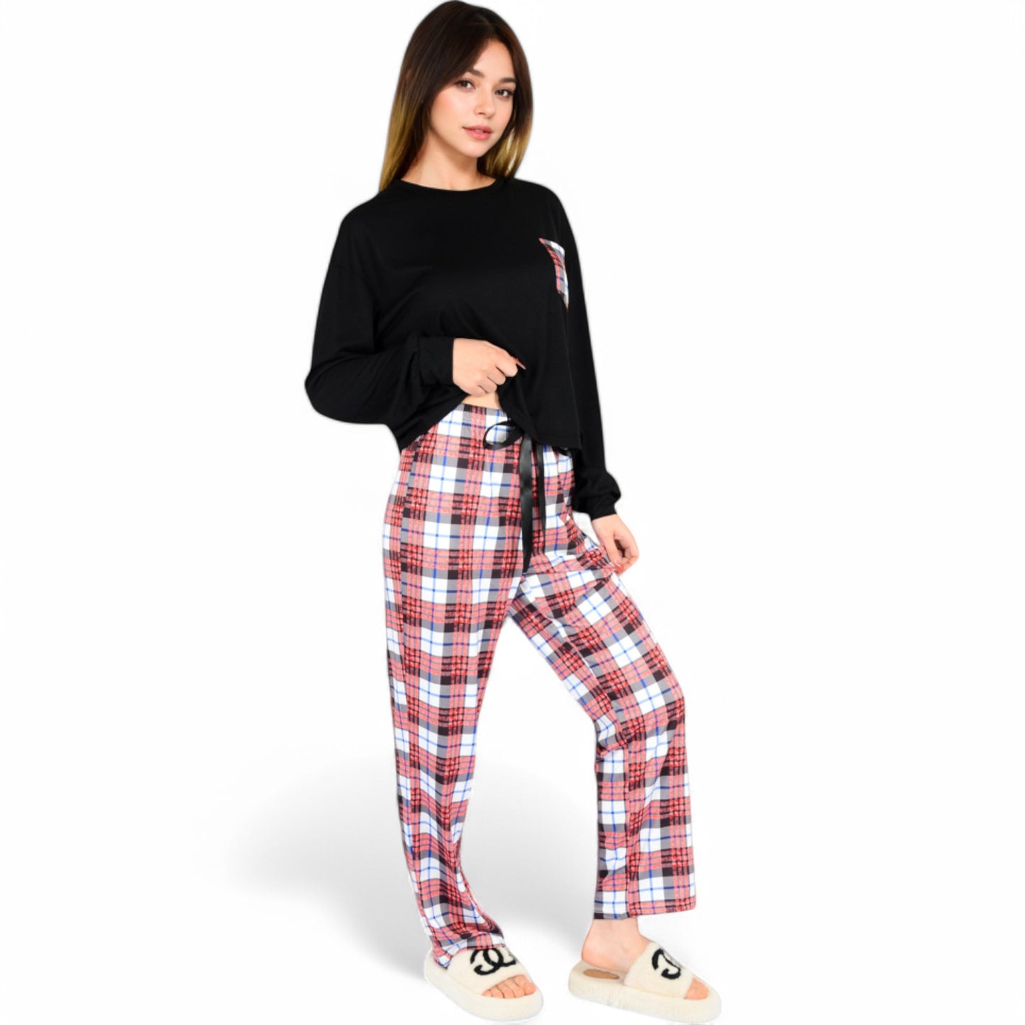 Anna-Kaci Women's Plaid Pajama Set with Long Sleeve Pocket Top and Relaxed Fit Elastic Waist Pants- Black,Small
