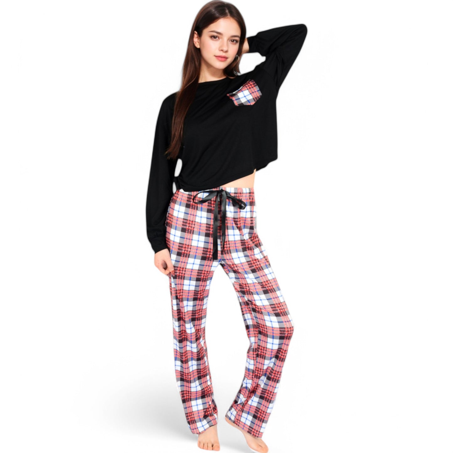 Anna-Kaci Women's Plaid Pajama Set with Long Sleeve Pocket Top and Relaxed Fit Elastic Waist Pants- Black,Small