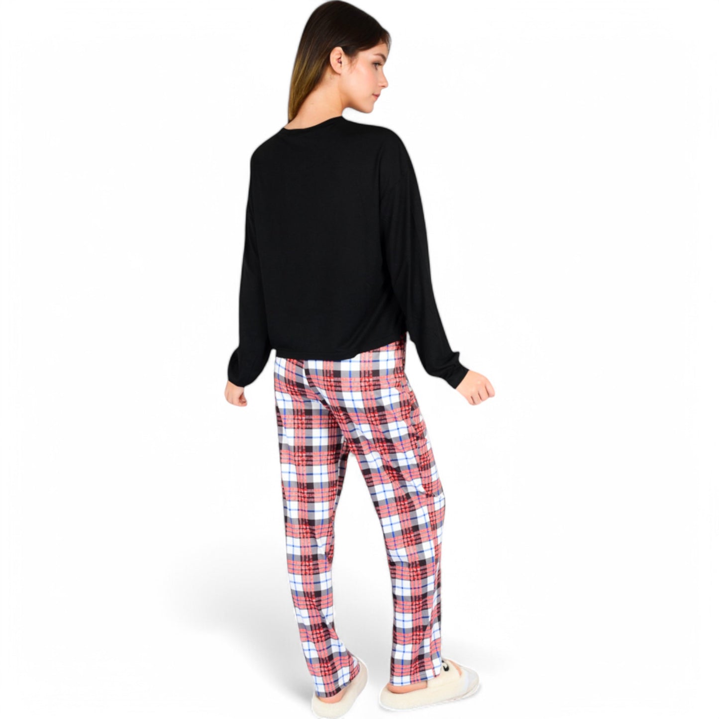 Anna-Kaci Women's Plaid Pajama Set with Long Sleeve Pocket Top and Relaxed Fit Elastic Waist Pants- Black,Small