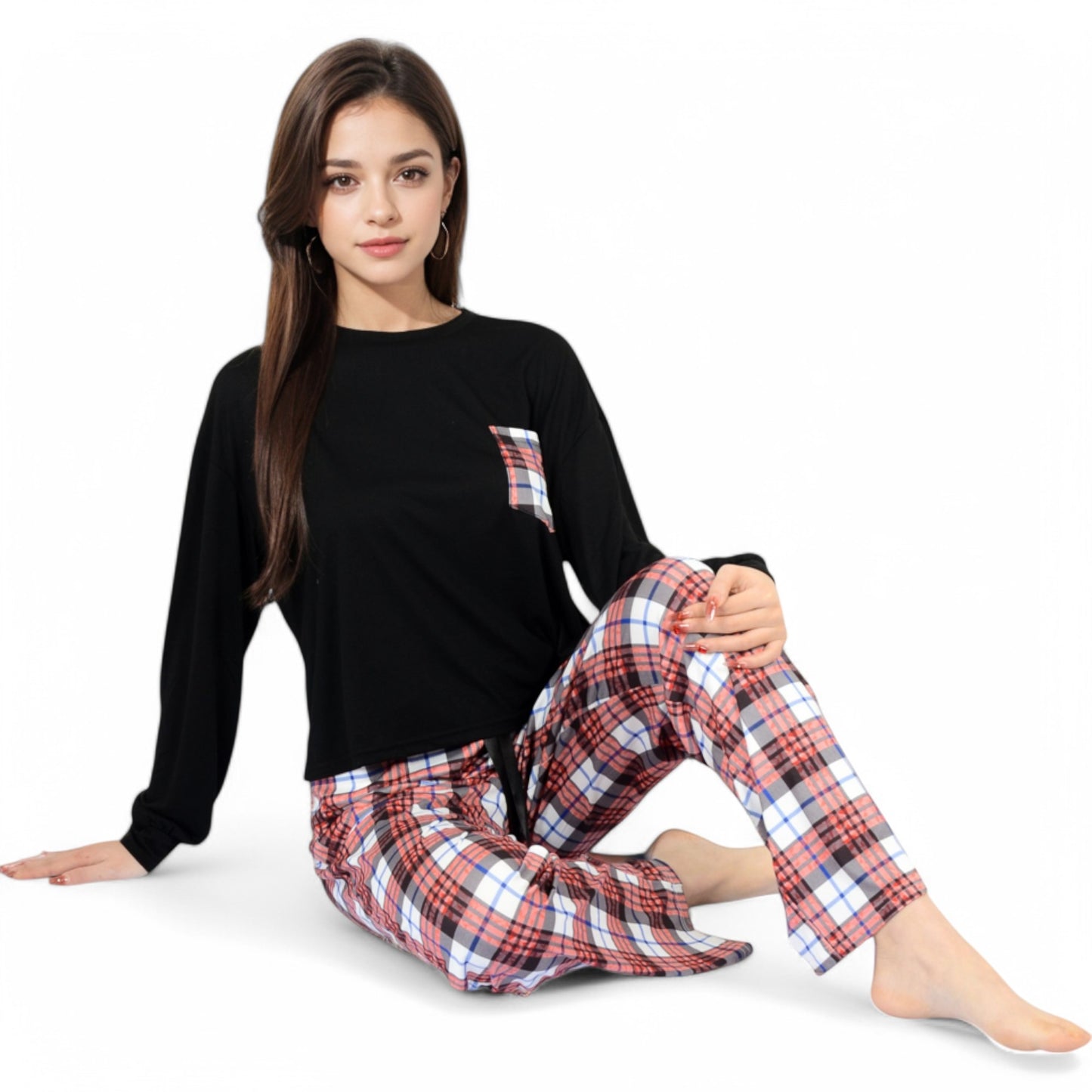 Anna-Kaci Women's Plaid Pajama Set with Long Sleeve Pocket Top and Relaxed Fit Elastic Waist Pants- Black,Small