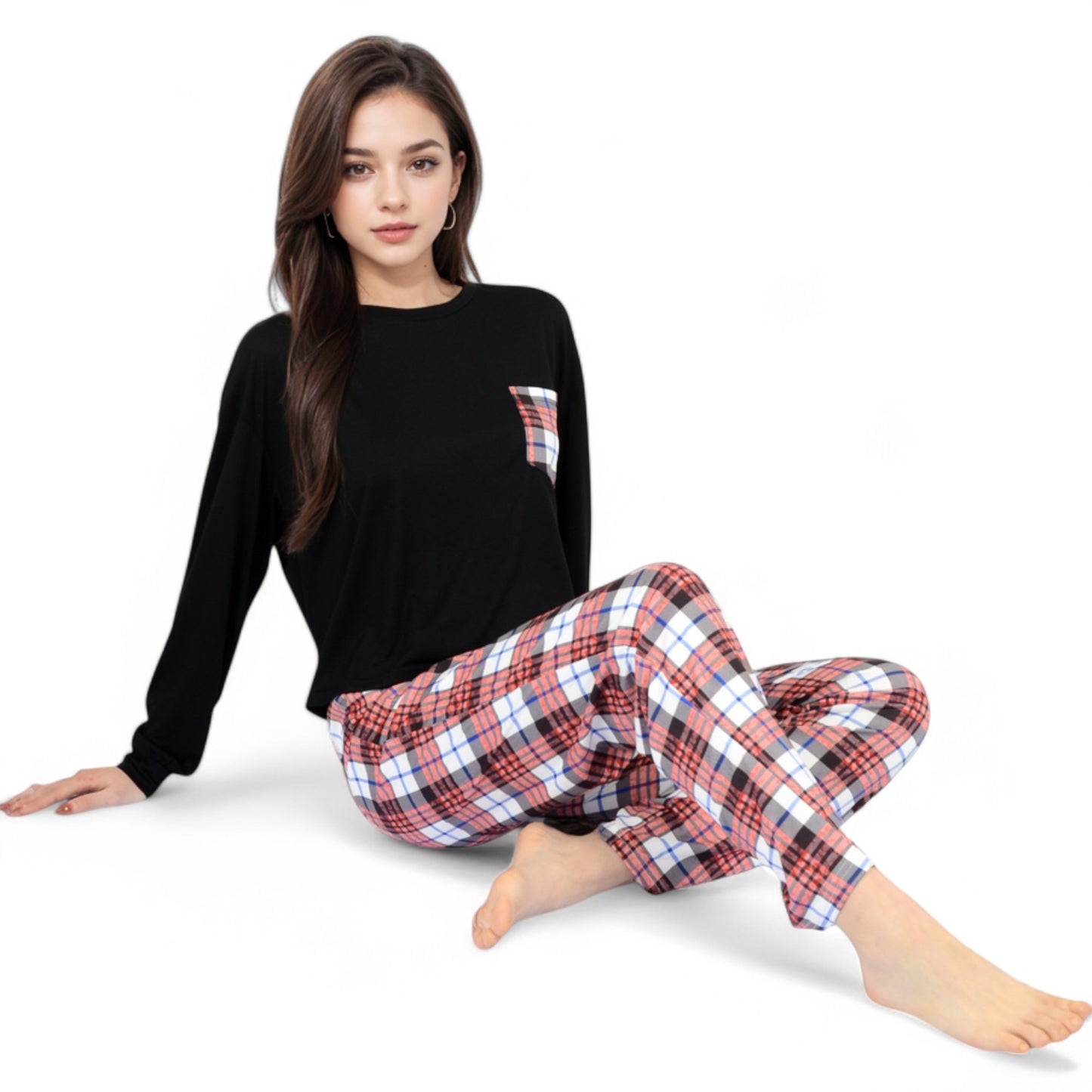 Anna-Kaci Women's Plaid Pajama Set with Long Sleeve Pocket Top and Relaxed Fit Elastic Waist Pants- Black,Small