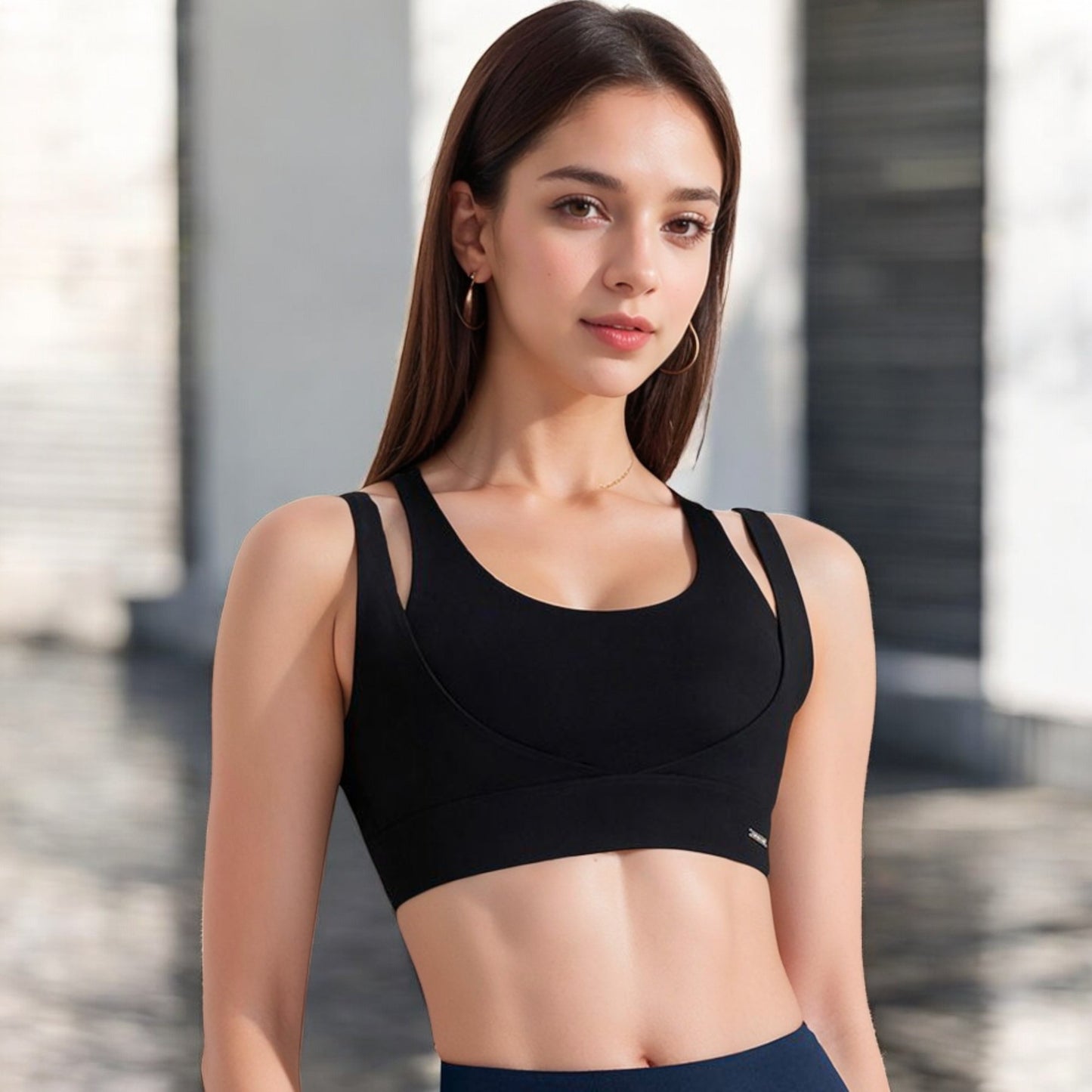 Anna-Kaci Women's Double Strap Scoop Neck Sports Bra with Wide Underband
