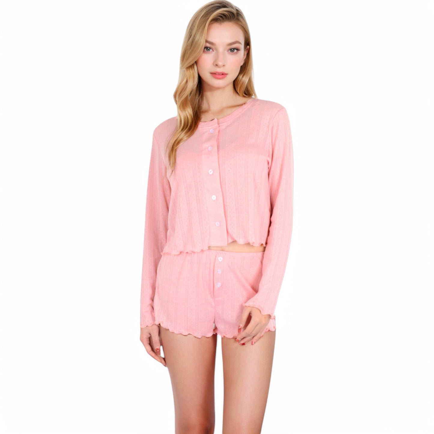 Anna-Kaci Women's Pink Ribbed Knit Lounge Set with Button-Up Cardigan, Bralette, and High Waist Shorts- Blue,Small