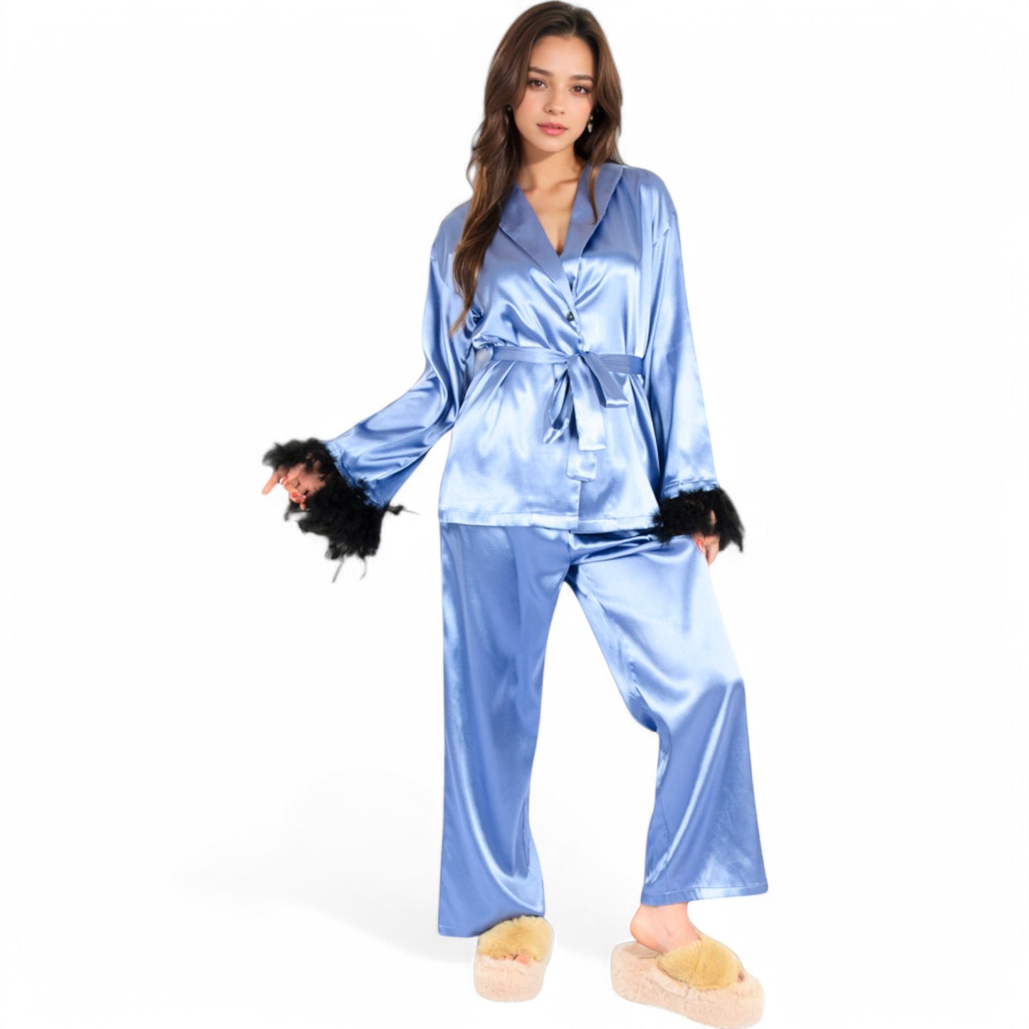 Anna-Kaci Women's Satin Feather Trim Button-Up Lounge Set with Wide-Leg Pants