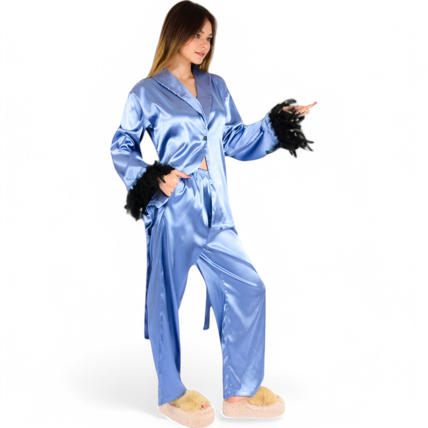 Anna-Kaci Women's Satin Feather Trim Button-Up Lounge Set with Wide-Leg Pants