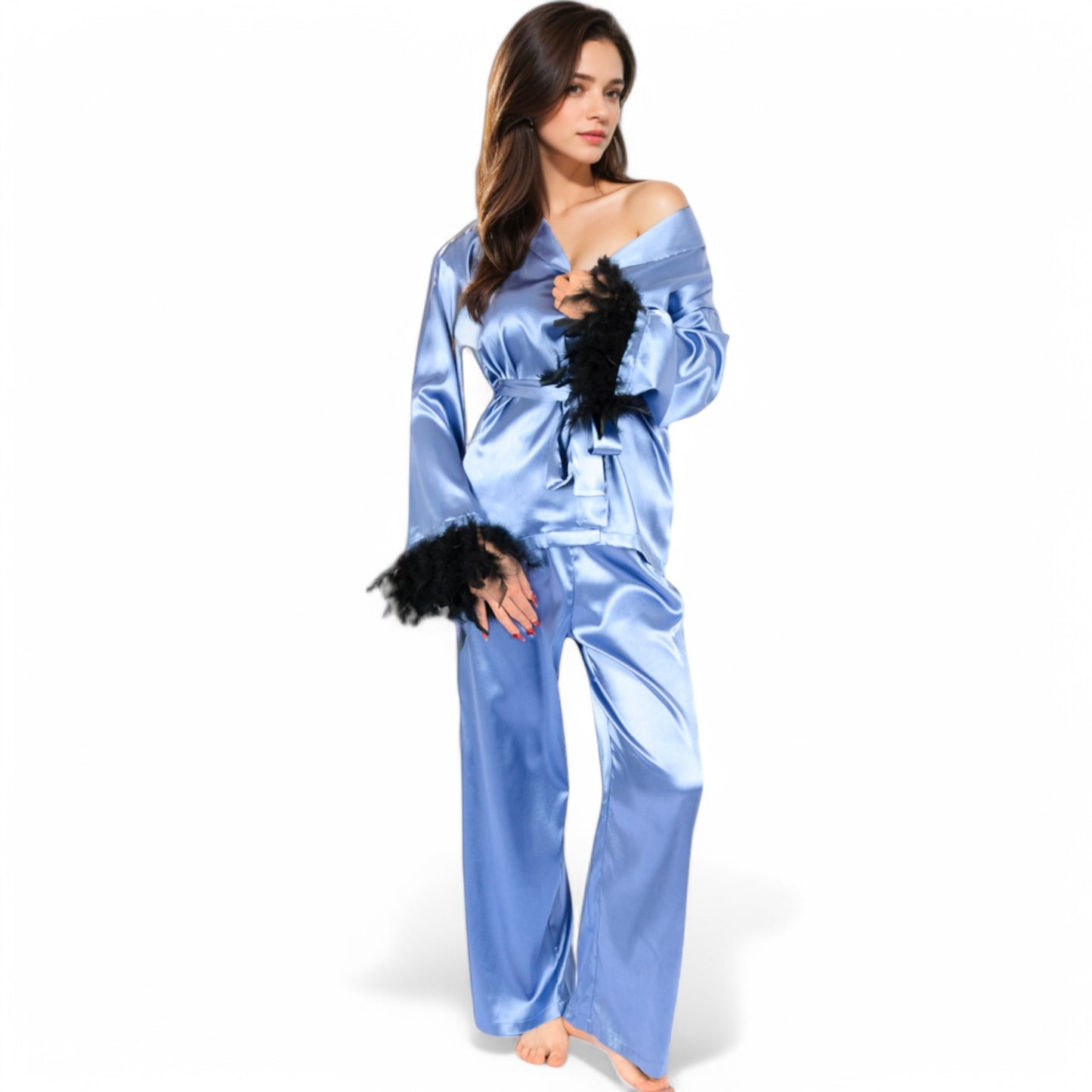 Anna-Kaci Women's Satin Feather Trim Button-Up Lounge Set with Wide-Leg Pants