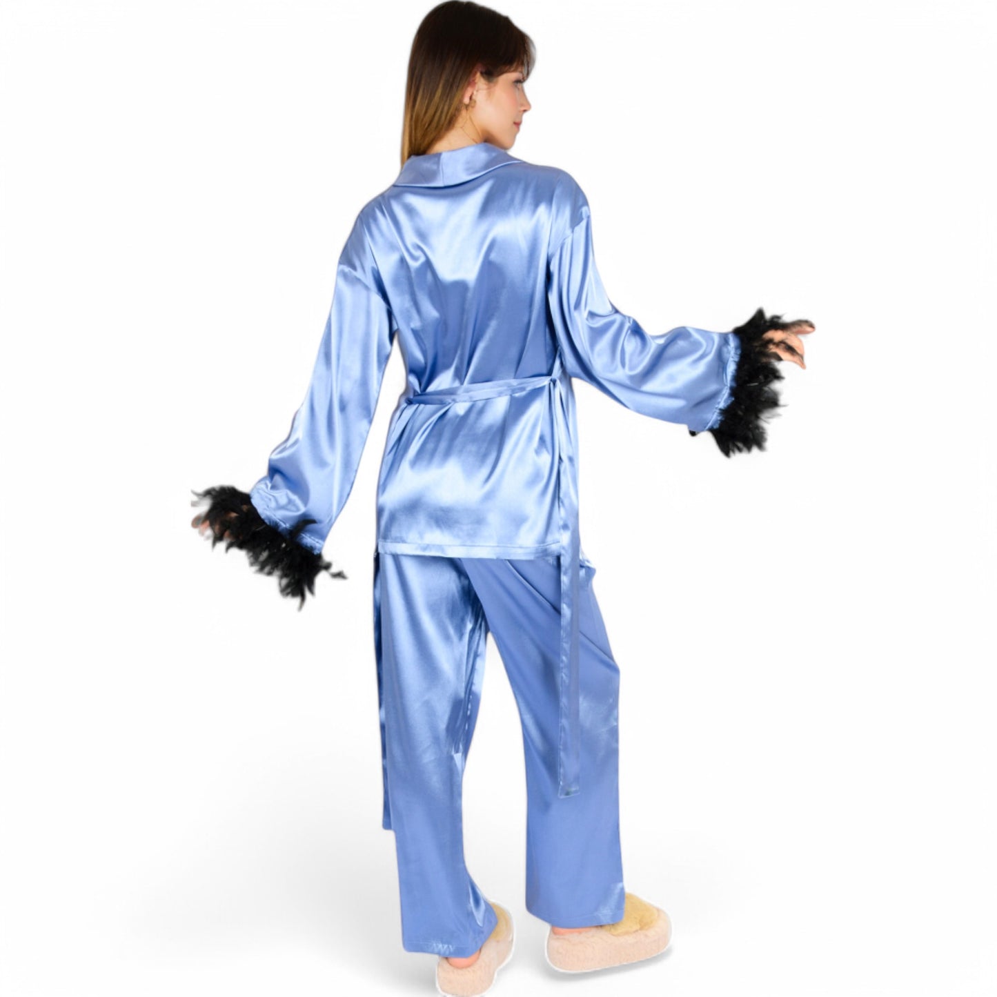 Anna-Kaci Women's Satin Feather Trim Button-Up Lounge Set with Wide-Leg Pants