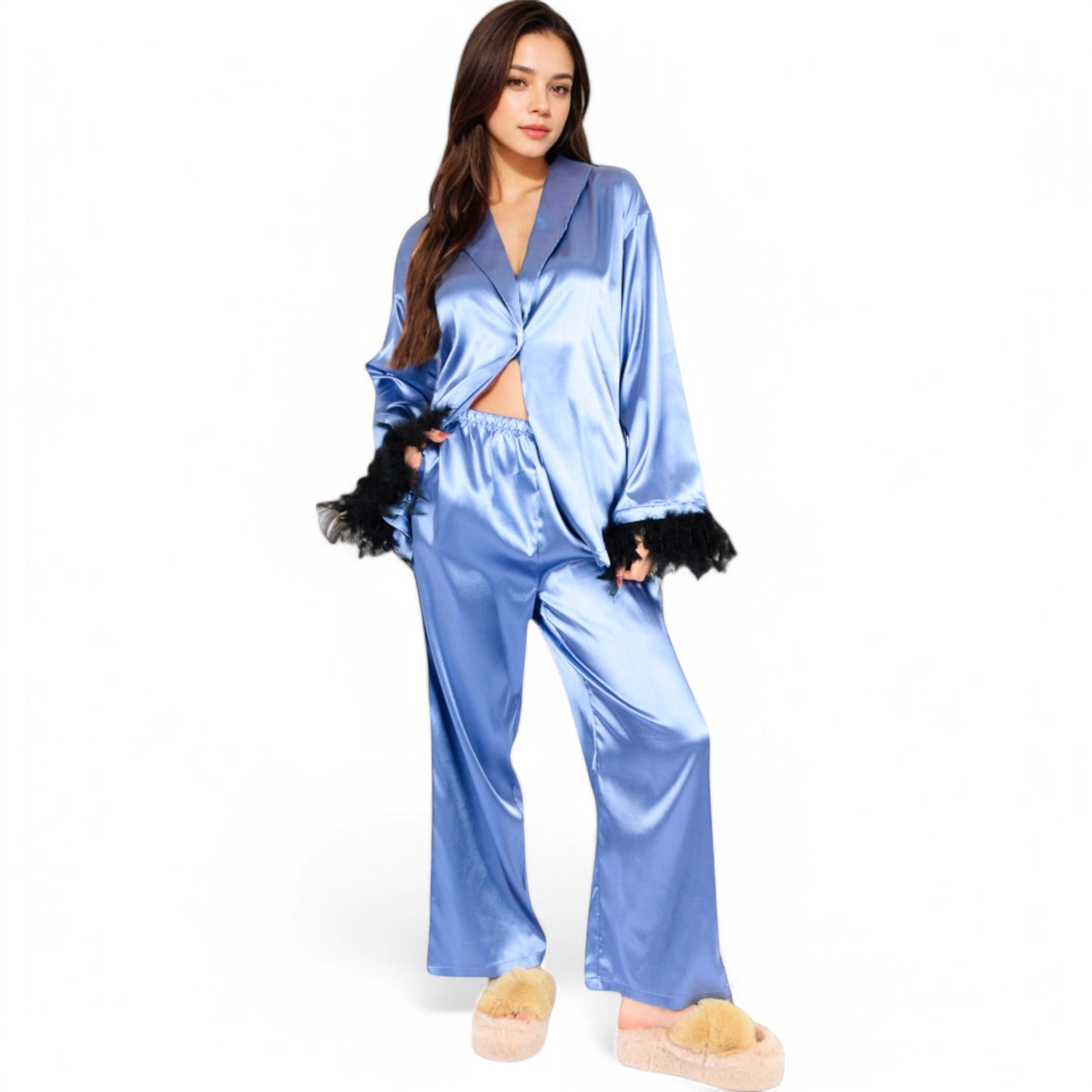 Anna-Kaci Women's Satin Feather Trim Button-Up Lounge Set with Wide-Leg Pants