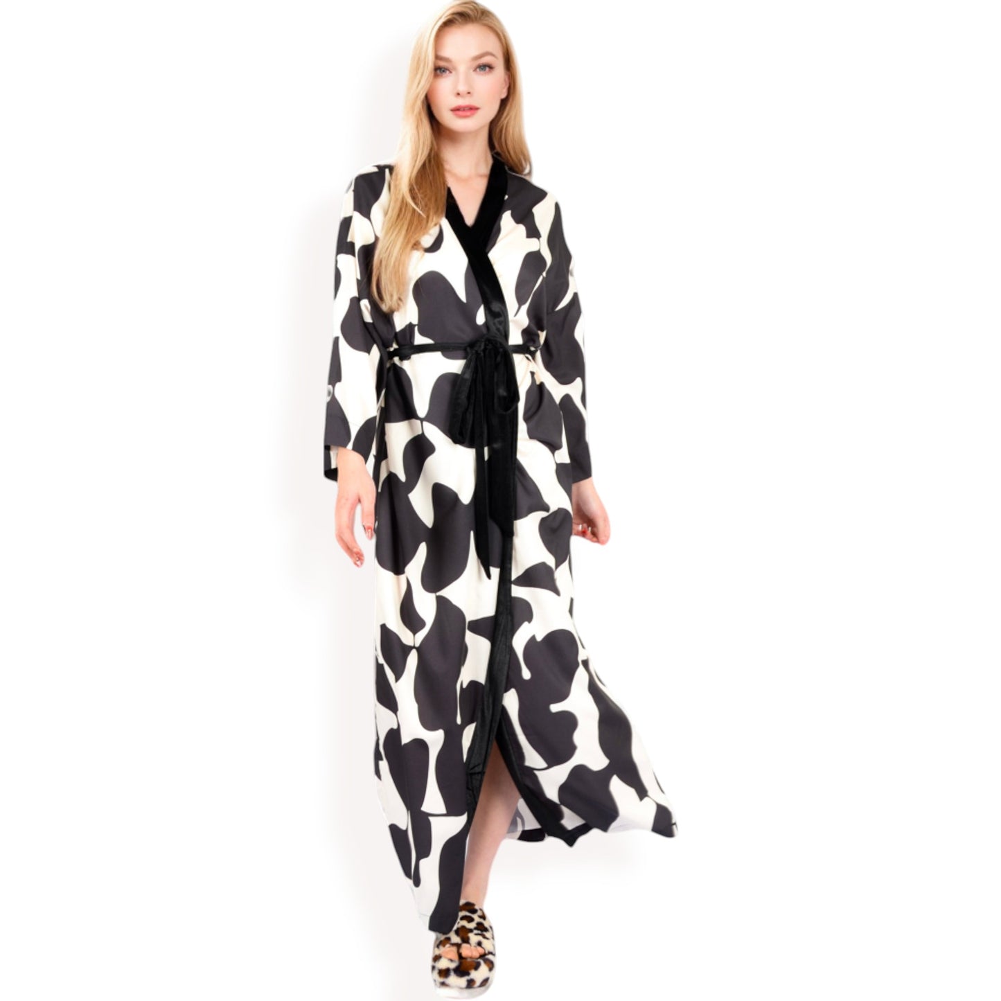 Anna-Kaci Women's Abstract Print Satin Duster Robe with Velvet Trim and Tie Waist