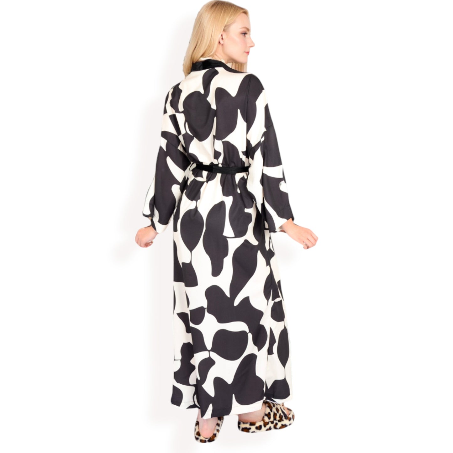 Anna-Kaci Women's Abstract Print Satin Duster Robe with Velvet Trim and Tie Waist