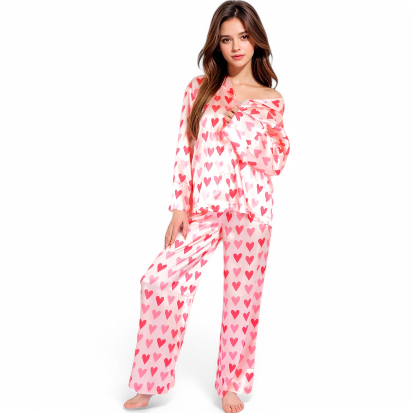 Anna-Kaci Women's Pink Heart Print Pajama Set with Button-Up Long Sleeve Top and Relaxed Fit Pants