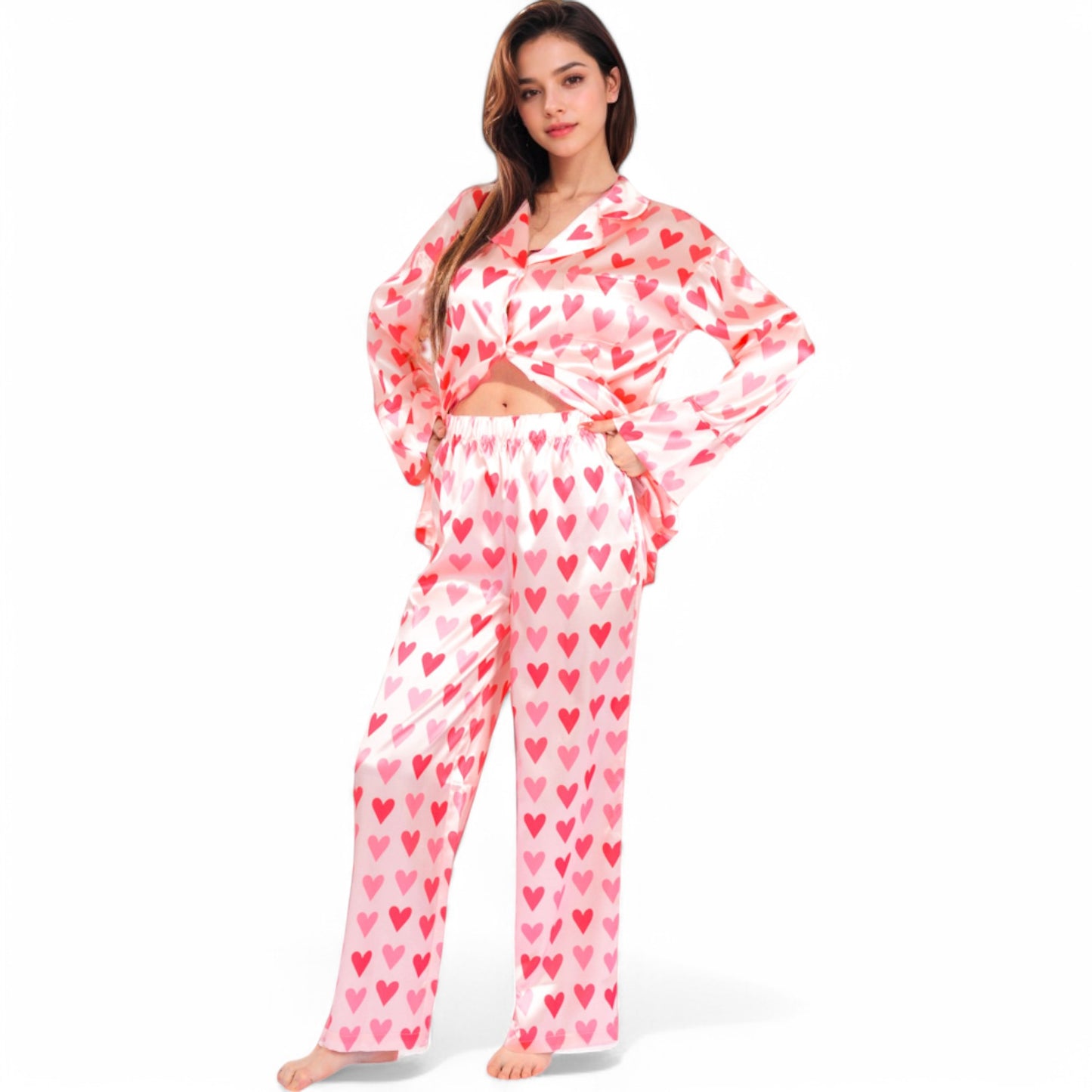 Anna-Kaci Women's Pink Heart Print Pajama Set with Button-Up Long Sleeve Top and Relaxed Fit Pants