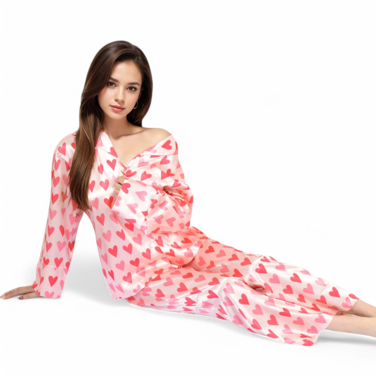 Anna-Kaci Women's Pink Heart Print Pajama Set with Button-Up Long Sleeve Top and Relaxed Fit Pants