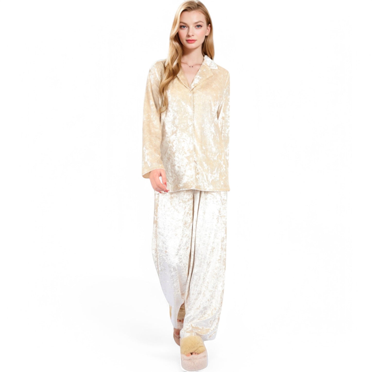 Anna-Kaci Women's Crushed Velvet Lounge Set with Button-Up Long Sleeve Top and Wide-Leg Pants