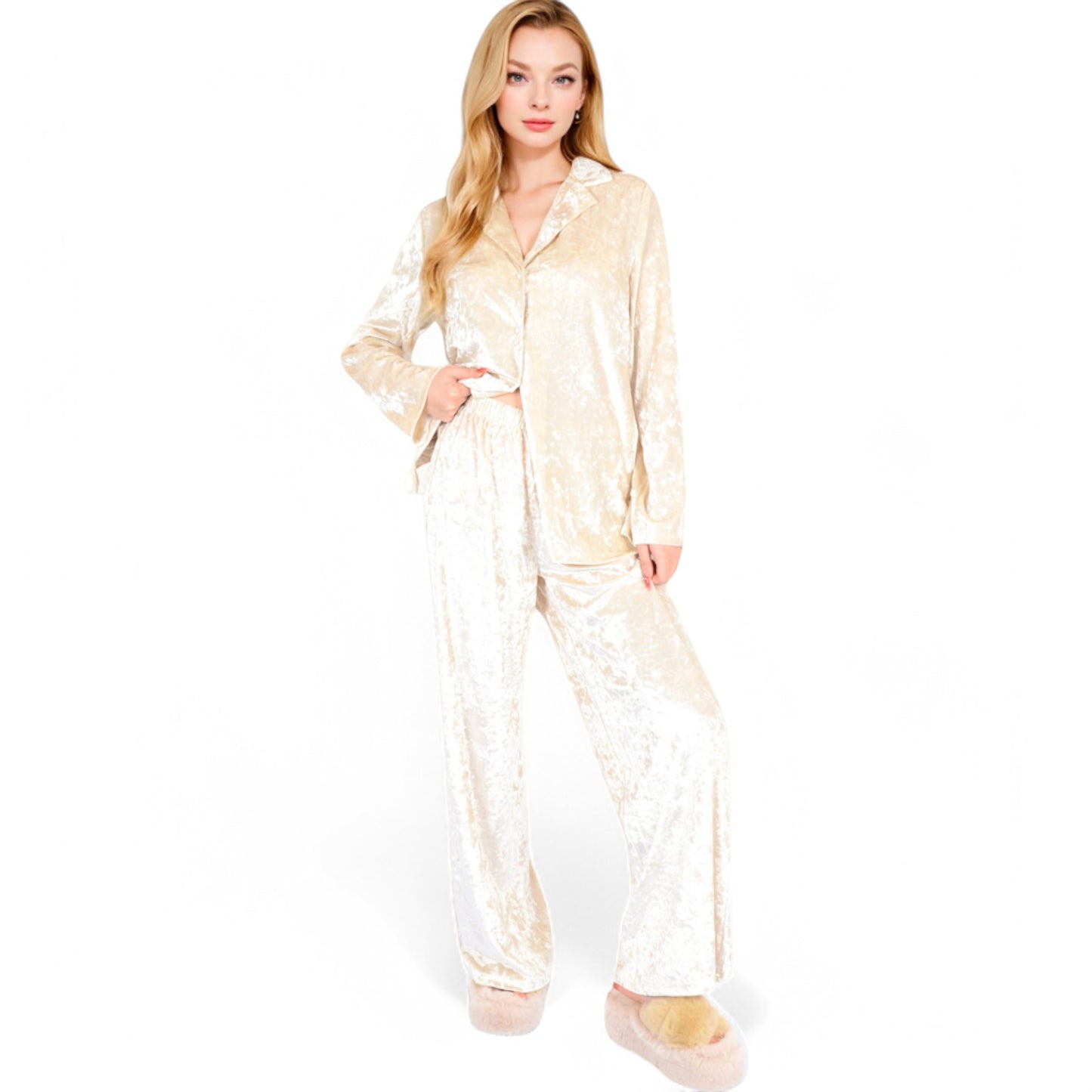 Anna-Kaci Women's Crushed Velvet Lounge Set with Button-Up Long Sleeve Top and Wide-Leg Pants