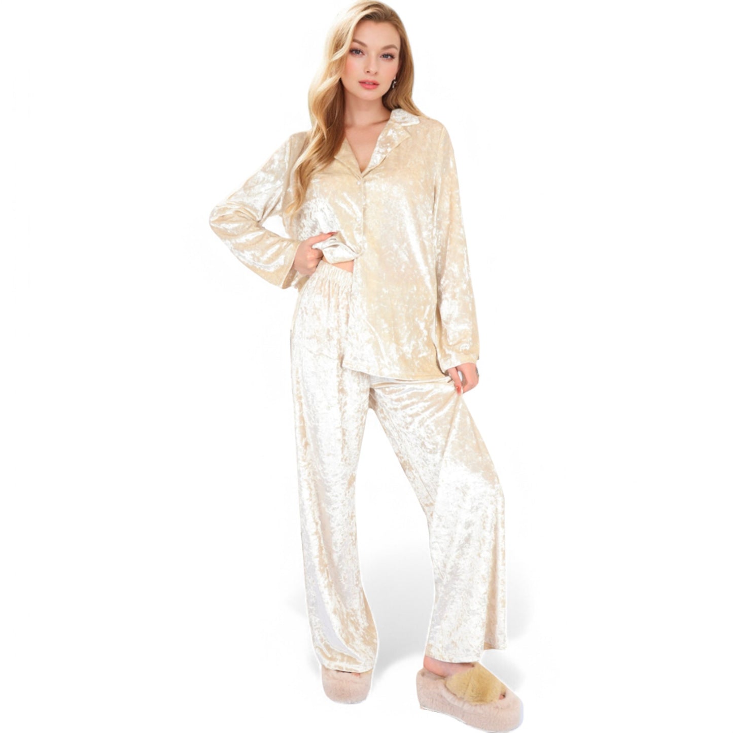 Anna-Kaci Women's Crushed Velvet Lounge Set with Button-Up Long Sleeve Top and Wide-Leg Pants