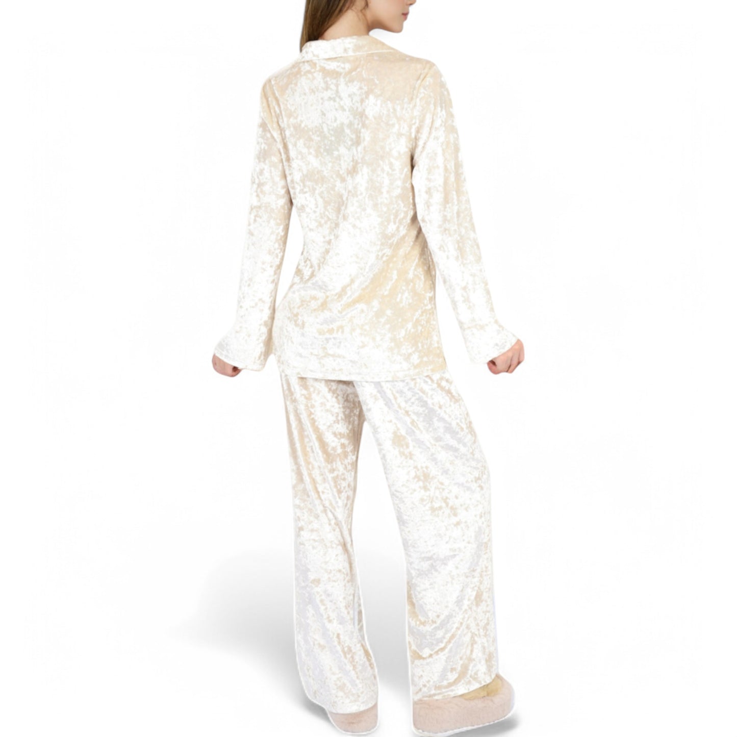 Anna-Kaci Women's Crushed Velvet Lounge Set with Button-Up Long Sleeve Top and Wide-Leg Pants