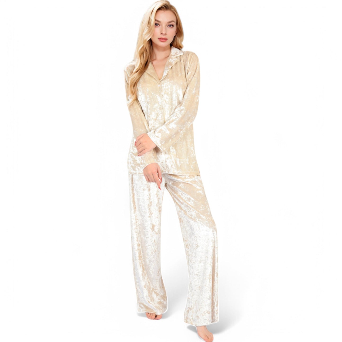 Anna-Kaci Women's Crushed Velvet Lounge Set with Button-Up Long Sleeve Top and Wide-Leg Pants
