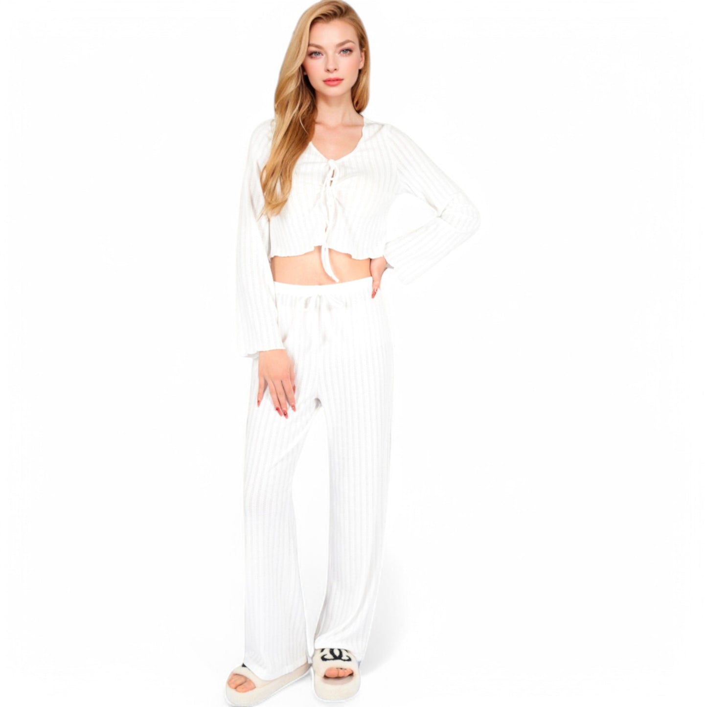 Anna-Kaci Women's Knit Tie-Front Lounge Set with Long Sleeve Cardigan and Wide-Leg Pants