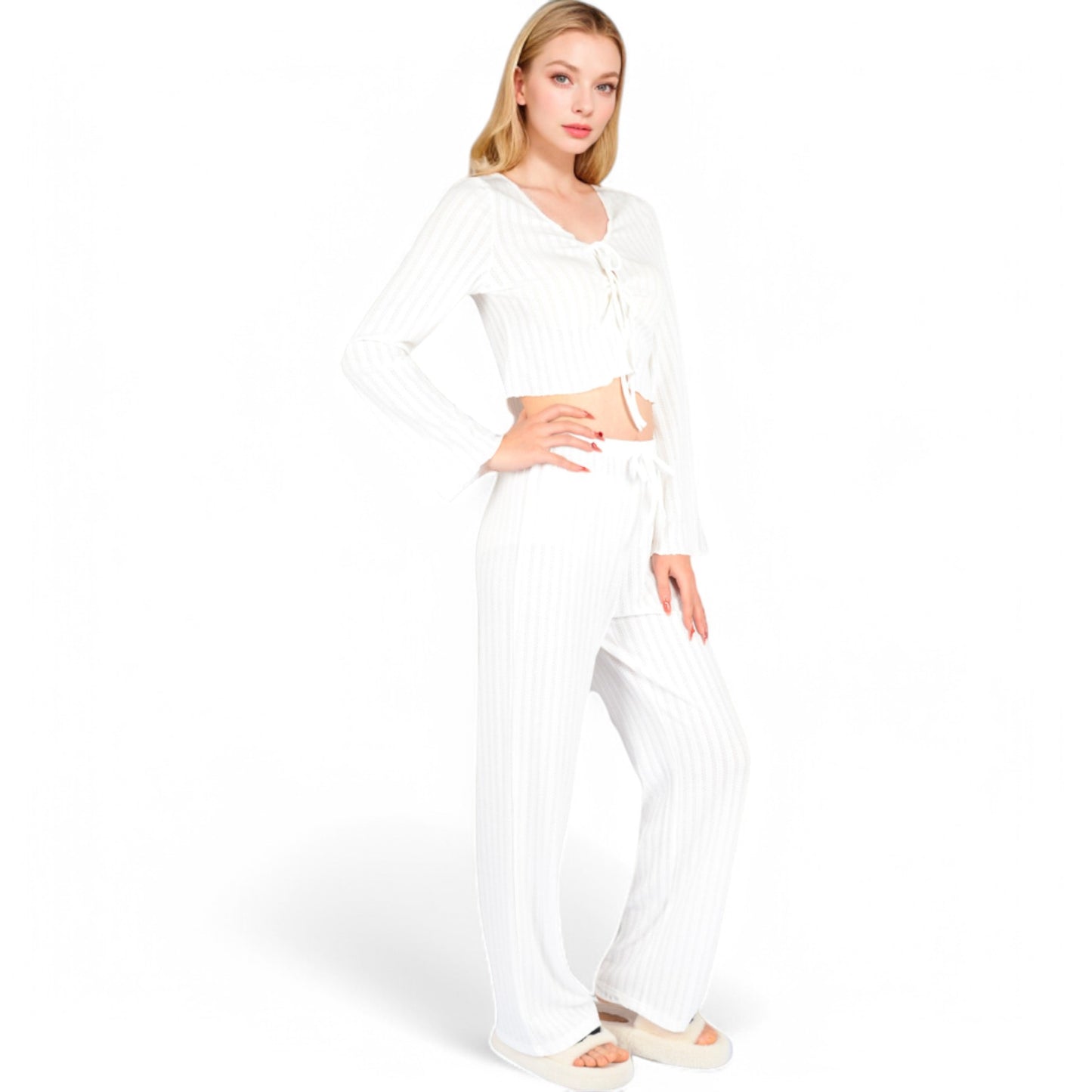 Anna-Kaci Women's Knit Tie-Front Lounge Set with Long Sleeve Cardigan and Wide-Leg Pants