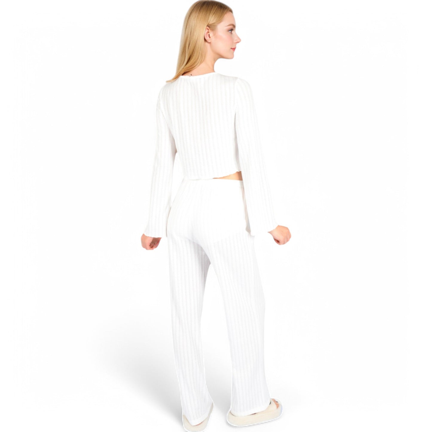 Anna-Kaci Women's Knit Tie-Front Lounge Set with Long Sleeve Cardigan and Wide-Leg Pants