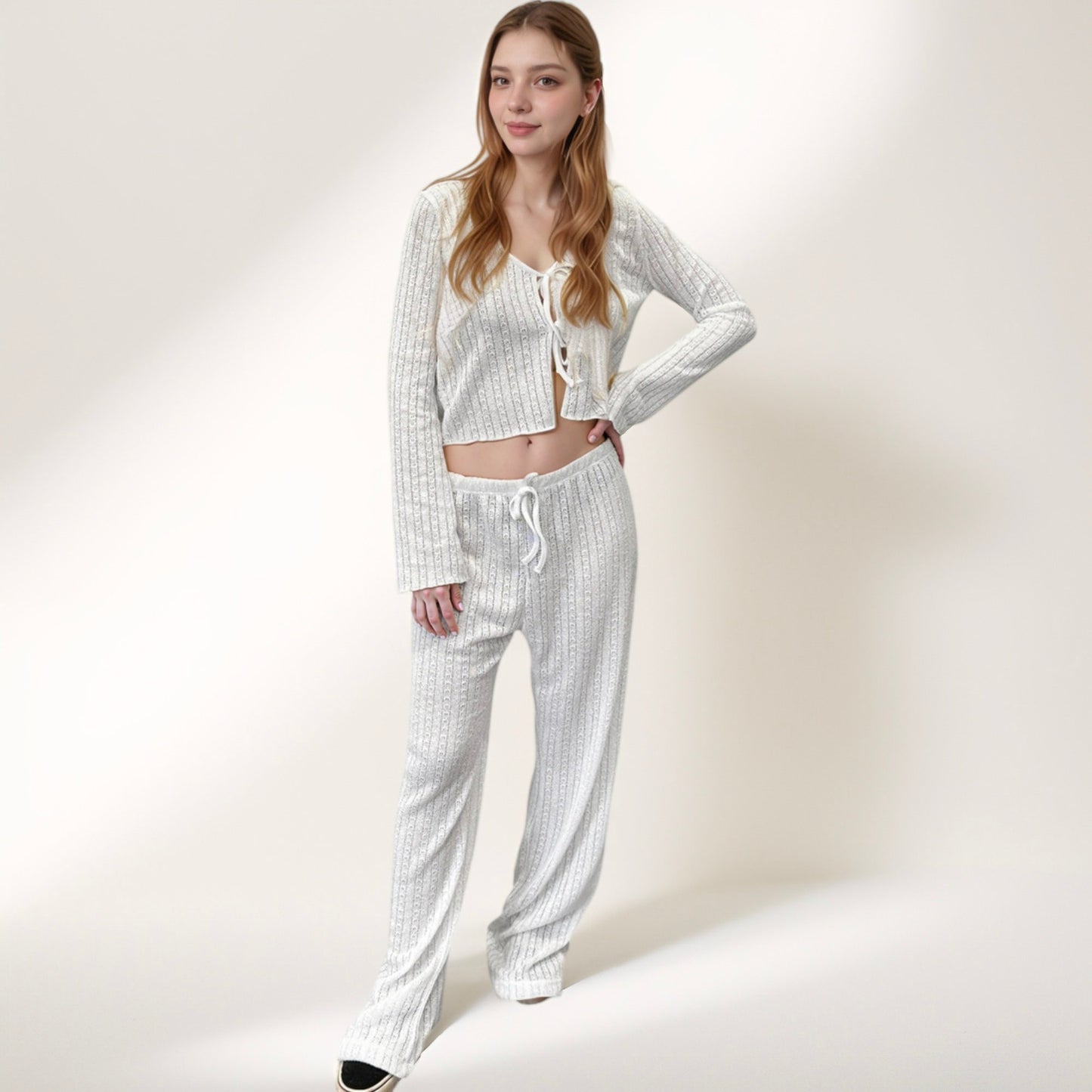 Anna-Kaci Lounge Women's Ribbed Knit Lounge Set with Tie Front Long Sleeve Top and Drawstring Pants