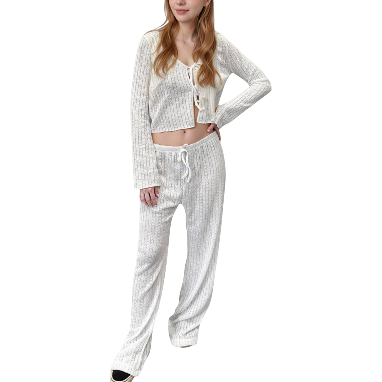 Anna-Kaci Lounge Women's Ribbed Knit Lounge Set with Tie Front Long Sleeve Top and Drawstring Pants