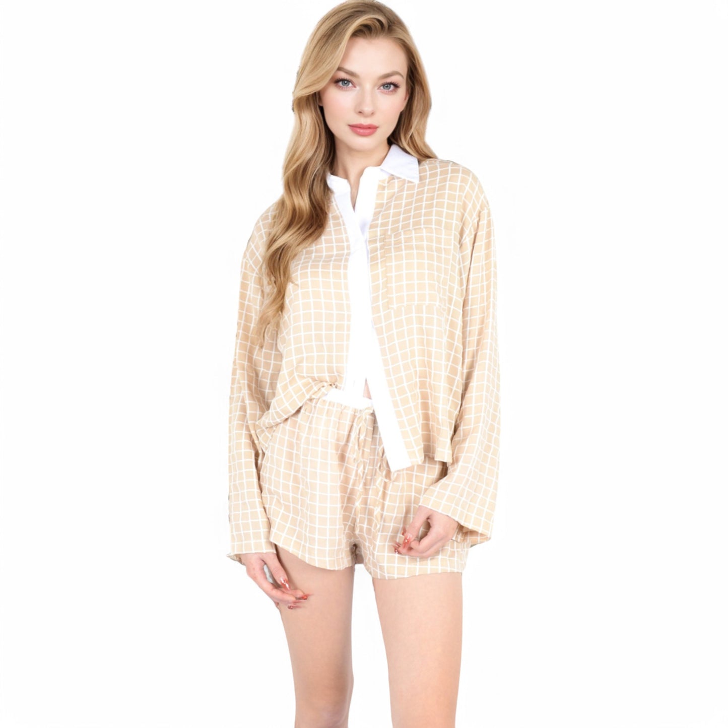 Anna-Kaci Women's Grid Print Lounge Set with Long Sleeve Button-Up Top and Elastic Waist Shorts- Beige,Small