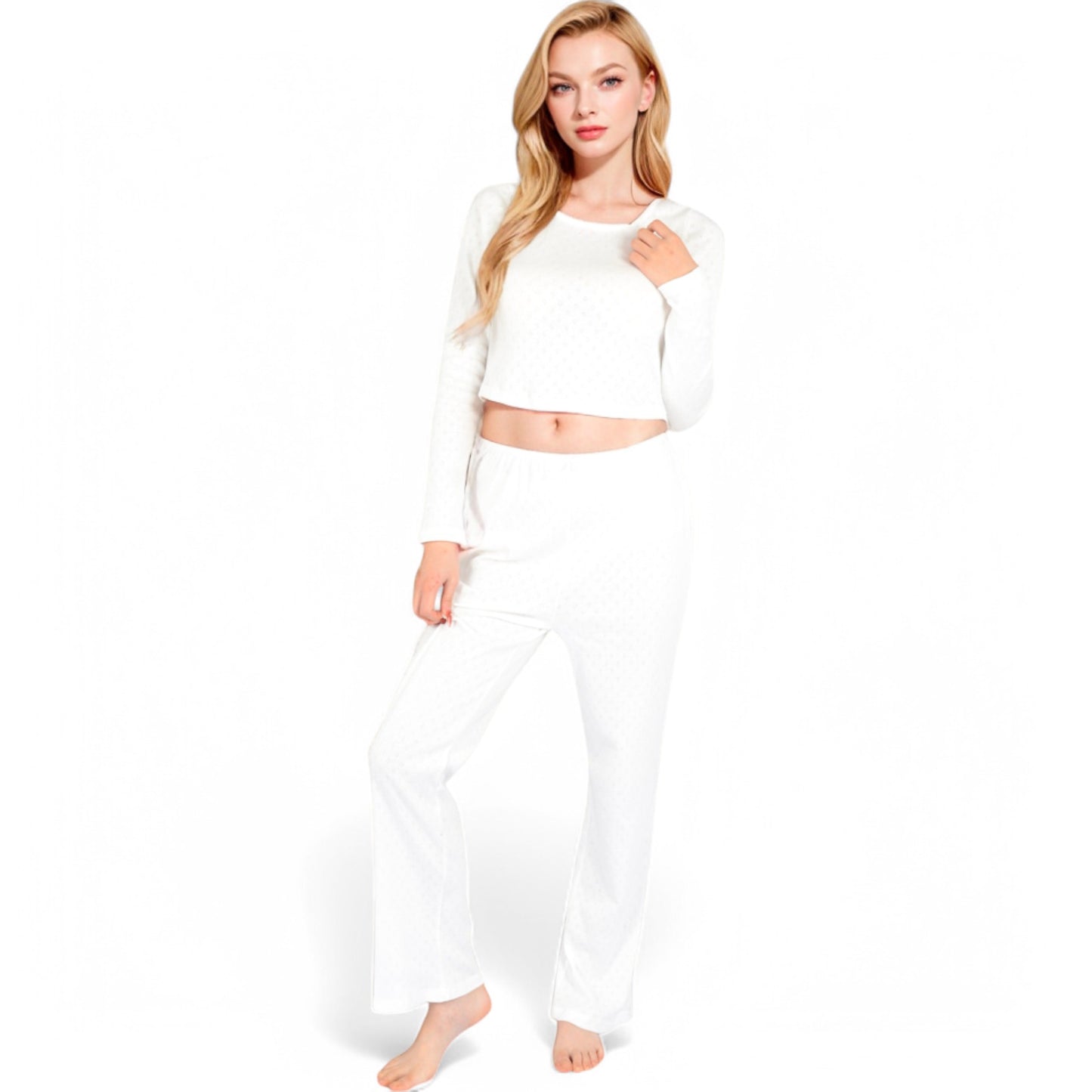 Anna-Kaci Women's Long Sleeve Diamond Print Lounge Set with Elastic Waist Pants- White,Small