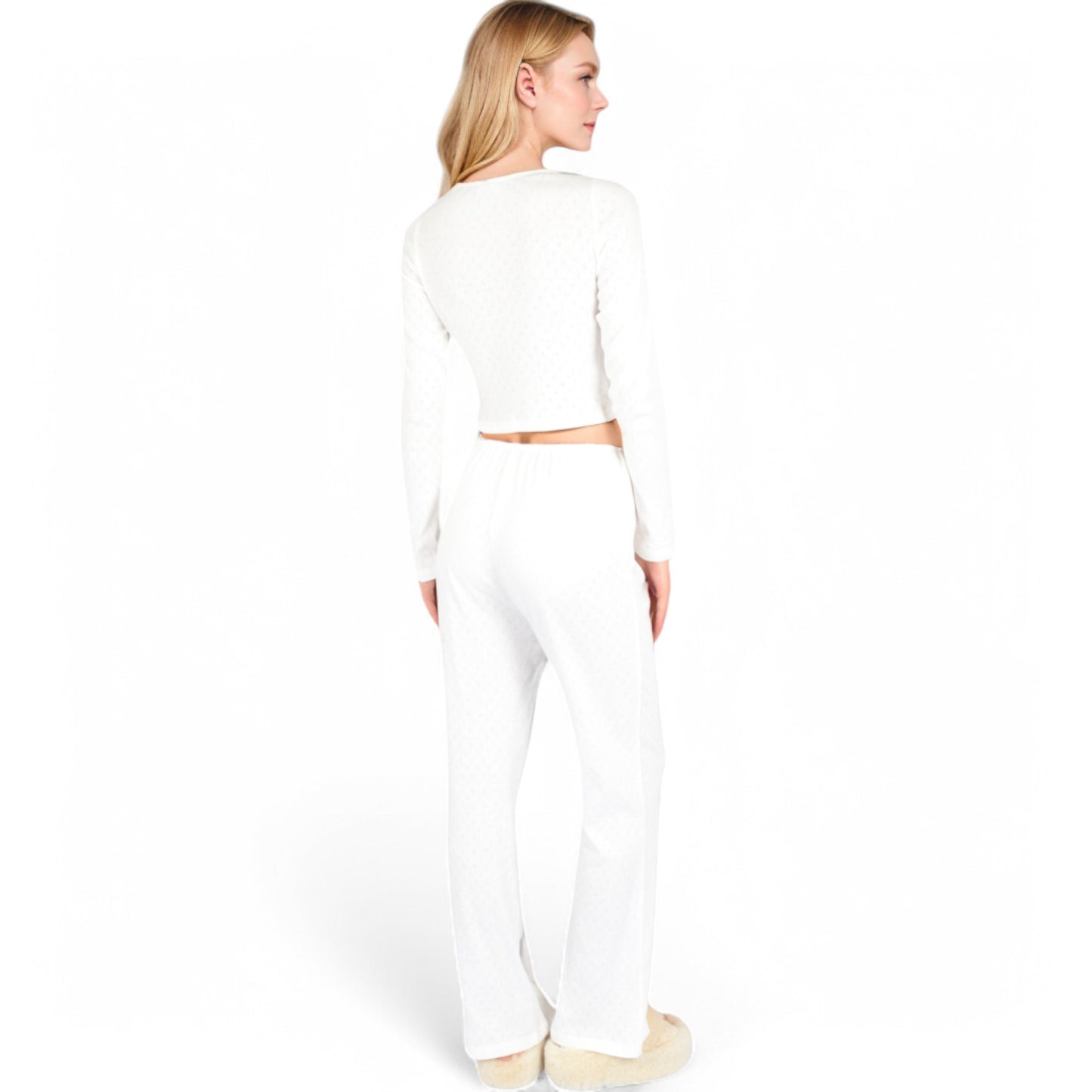 Anna-Kaci Women's Long Sleeve Diamond Print Lounge Set with Elastic Waist Pants- White,Small
