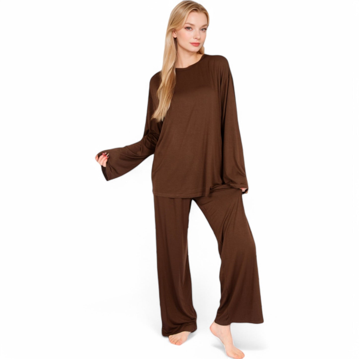 Anna-Kaci Women's Minimalist Lounge Set with Long Sleeve Oversized Top and Wide-Leg Pants