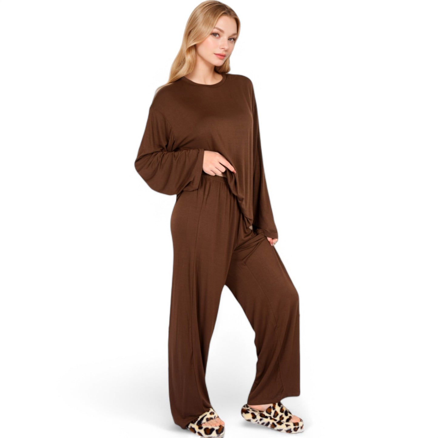 Anna-Kaci Women's Minimalist Lounge Set with Long Sleeve Oversized Top and Wide-Leg Pants