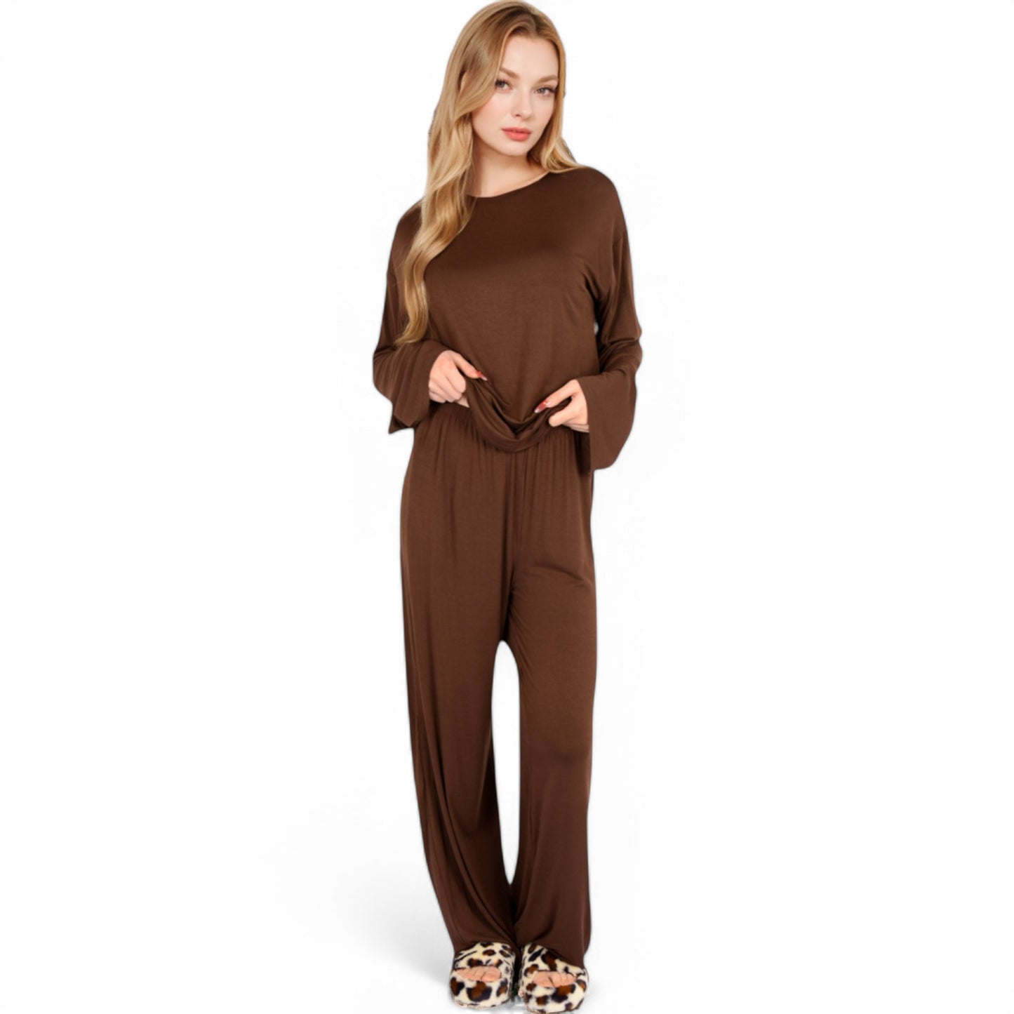 Anna-Kaci Women's Minimalist Lounge Set with Long Sleeve Oversized Top and Wide-Leg Pants