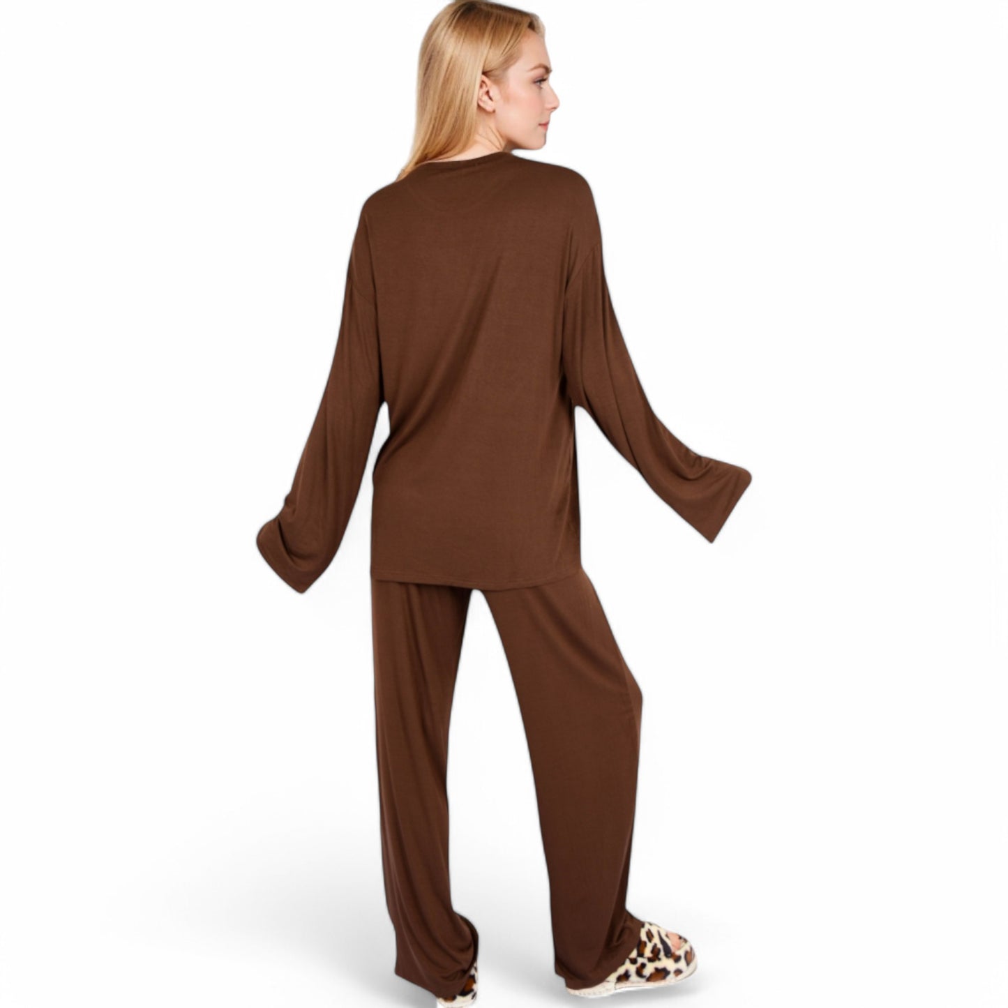 Anna-Kaci Women's Minimalist Lounge Set with Long Sleeve Oversized Top and Wide-Leg Pants