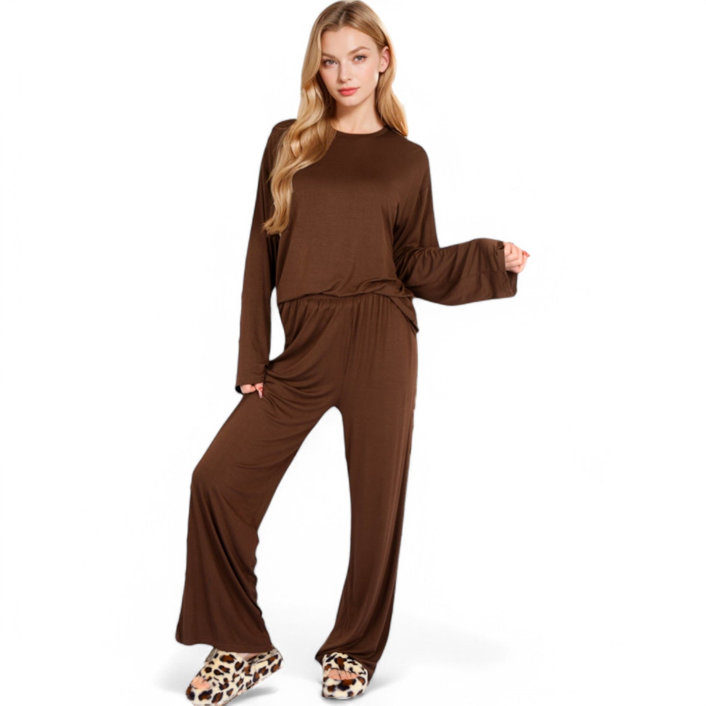 Anna-Kaci Women's Minimalist Lounge Set with Long Sleeve Oversized Top and Wide-Leg Pants